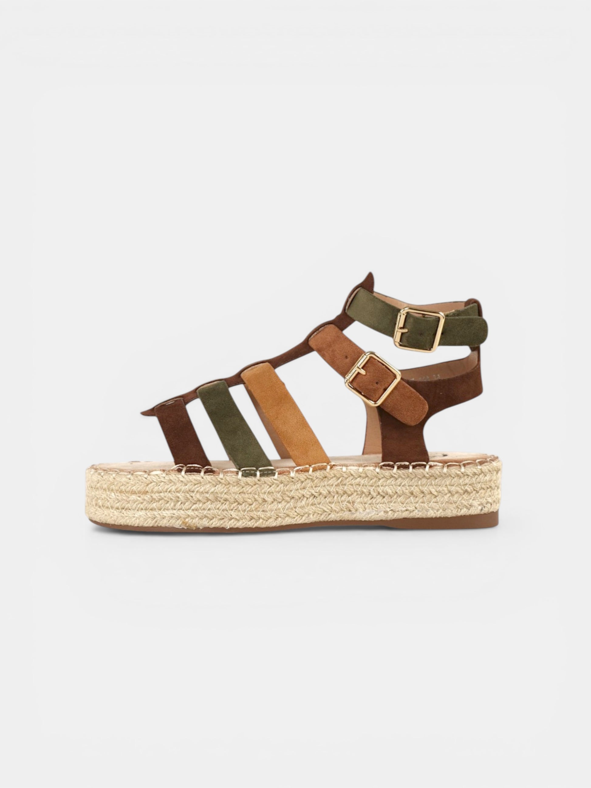 Sandalias romanas mujer plataforma tipo esparto tiras de antelina de marrón chocolate y verde oscuro, sandalias planas con tiras multicolor estilo gladiador, sandalias verano con doble hebilla y suela yute cómoda casual boho
