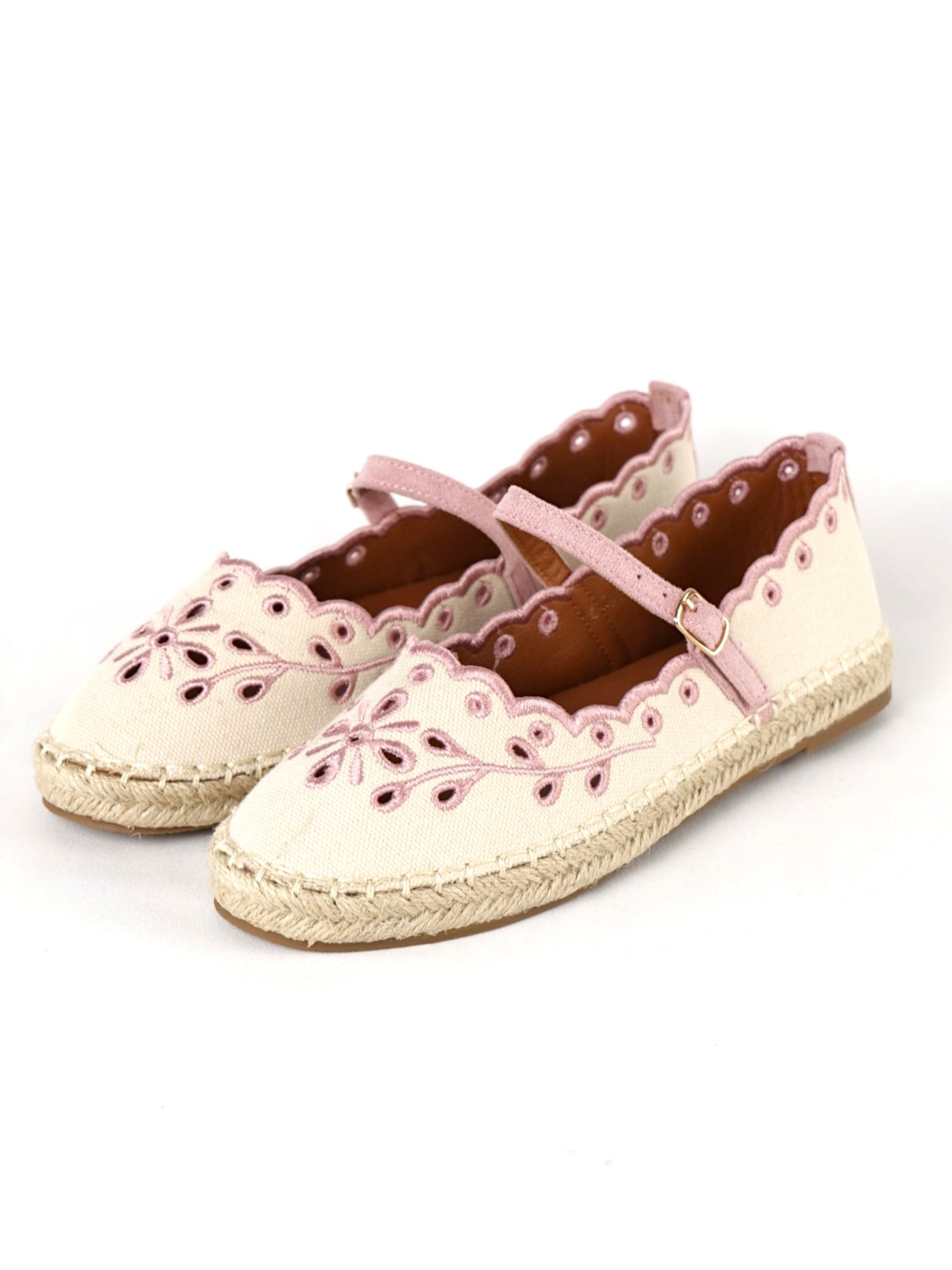 Alpargatas Mujer Bordadas con Pulsera Ajustable, Espadrilles Planas de Lona con Suela de Yute, Zapatos Verano Cómodos con Detalle Floral y Acabado Ondulado Textil