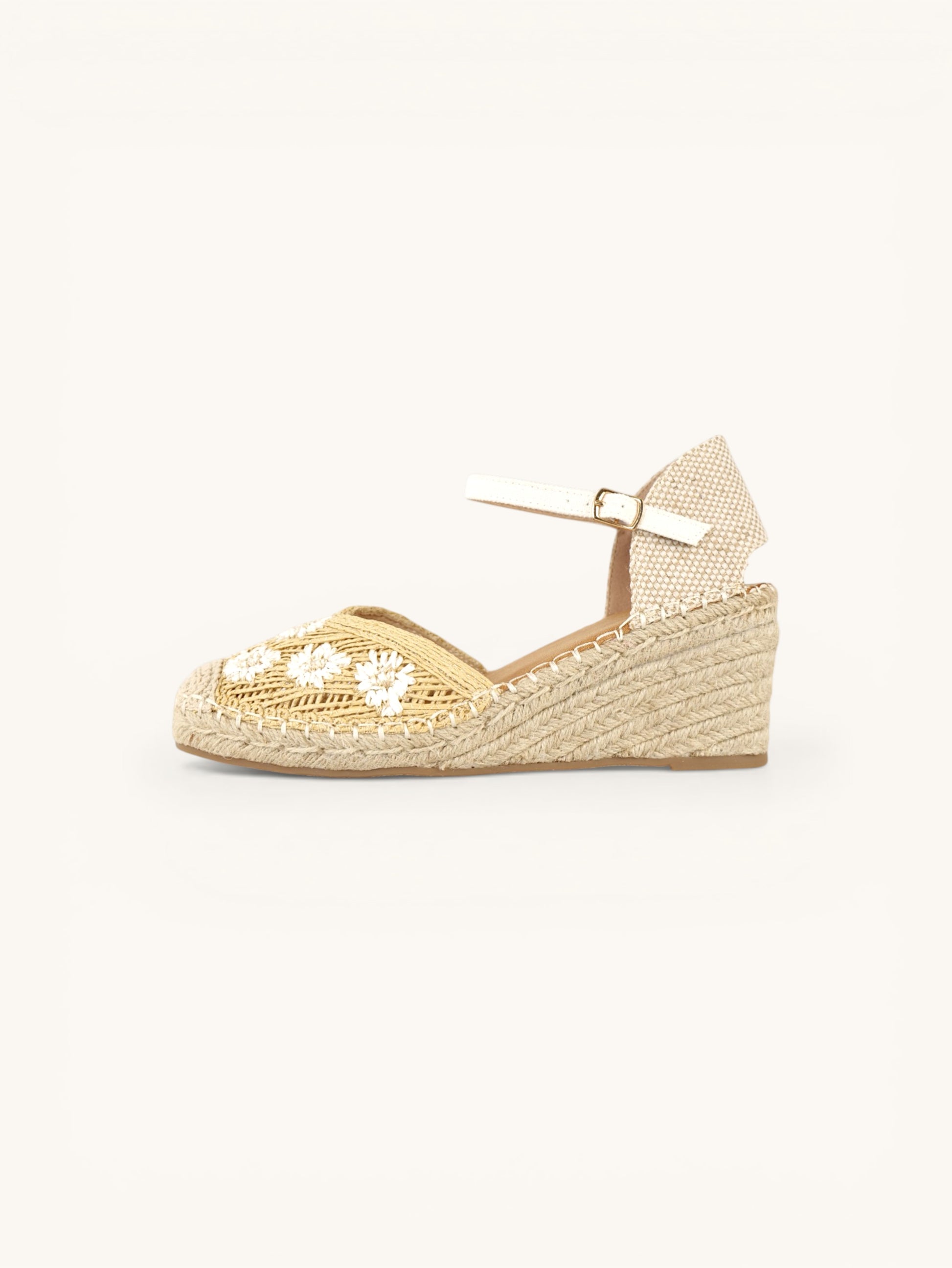 Alpargatas Flores Bordadas - Alpargatas de cuña para mujer con puntera cerrada y flores bordadas, sandalias tipo espadrille con pulsera al tobillo y hebilla ajustable, cuña media con plataforma efecto yute para looks de verano
