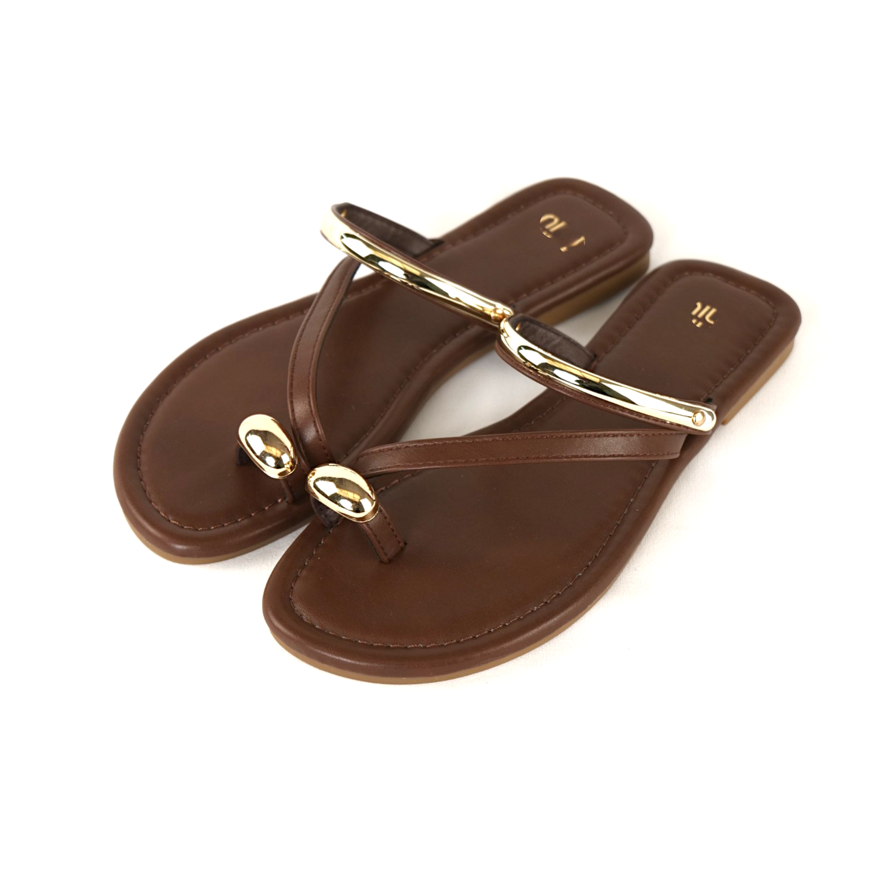 Sandalias planas Marrón chocolate Marrón Café con detalle metálico dorado - Sandalias planas tipo dedo para mujer en color marrón con detalle metálico dorado, tiras finas minimalistas y diseño elegante, chanclas cómodas estilo casual chic