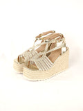 Sandalias de Cuña 11cm - Sandalias de plataforma para mujer con tiras trenzadas, diseño con cuña alta y suela de esparto, sandalias con cierre de hebilla y acabado metalizado o beige