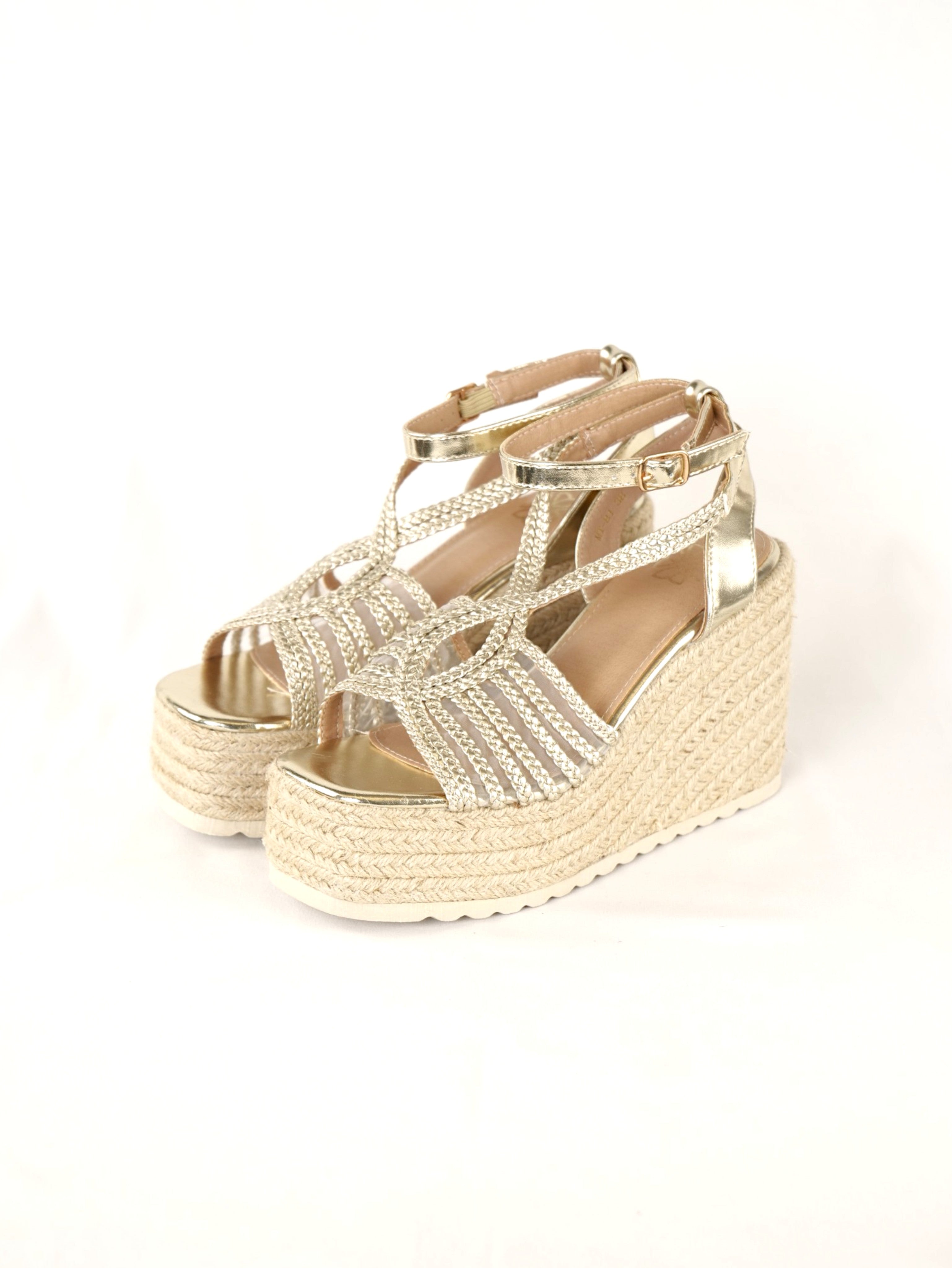 Sandalias de Cuña 11cm - Sandalias de plataforma para mujer con tiras trenzadas, diseño con cuña alta y suela de esparto, sandalias con cierre de hebilla y acabado metalizado o beige