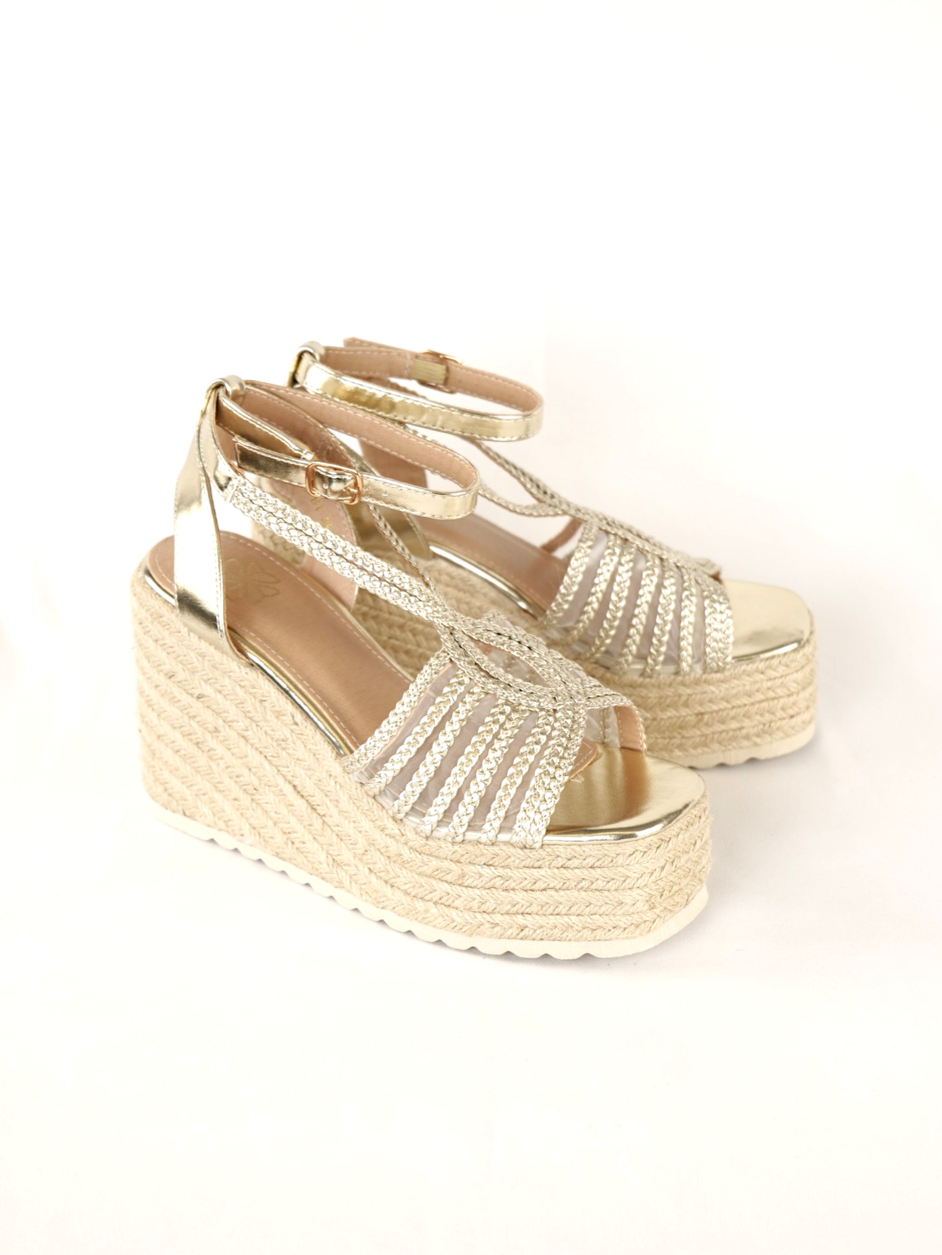 Sandalias de Cuña 11cm - Sandalias de plataforma para mujer con tiras trenzadas, diseño con cuña alta y suela de esparto, sandalias con cierre de hebilla y acabado metalizado o beige