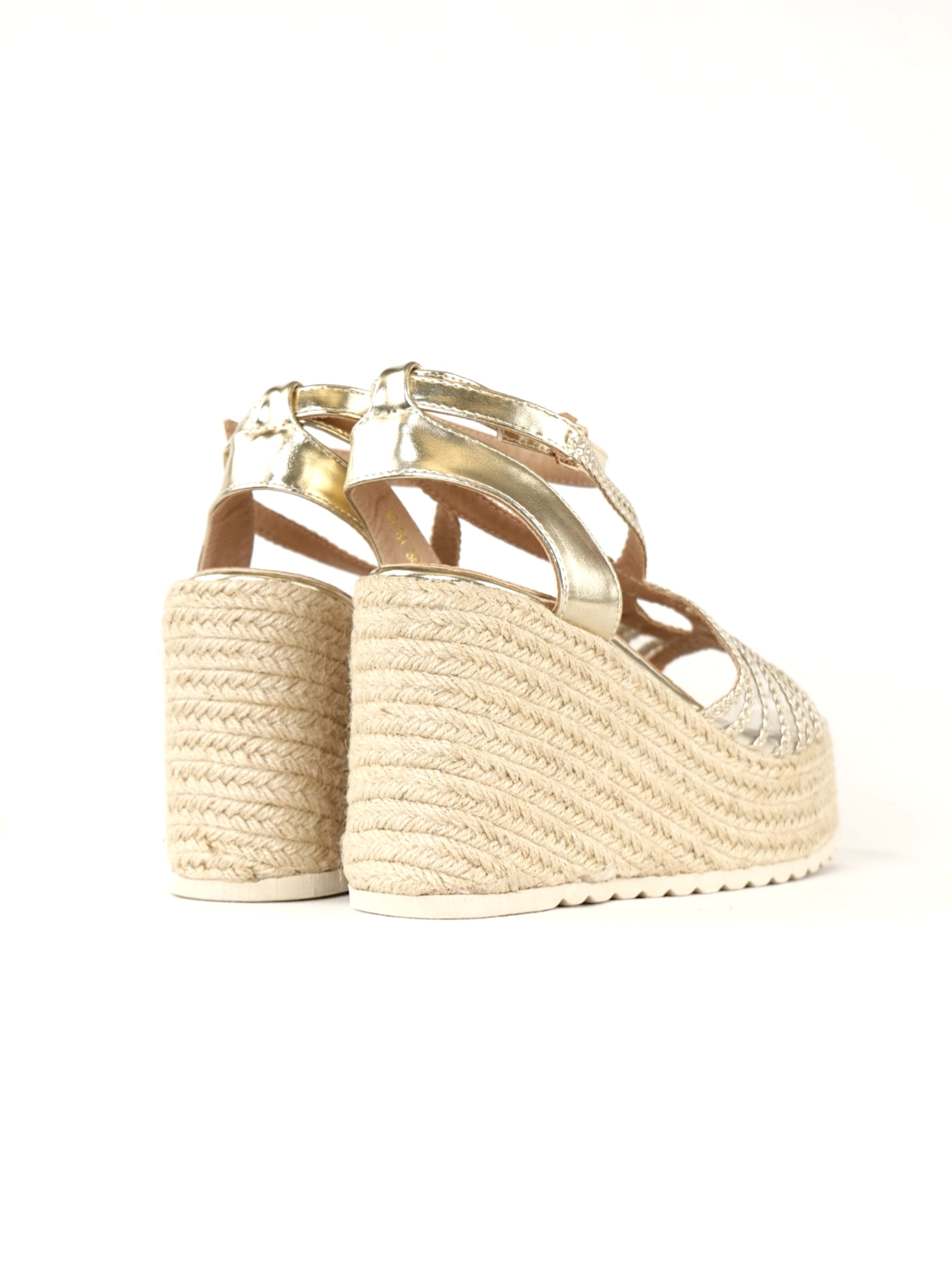 Sandalias de Cuña 11cm - Sandalias de plataforma para mujer con tiras trenzadas, diseño con cuña alta y suela de esparto, sandalias con cierre de hebilla y acabado metalizado o beige