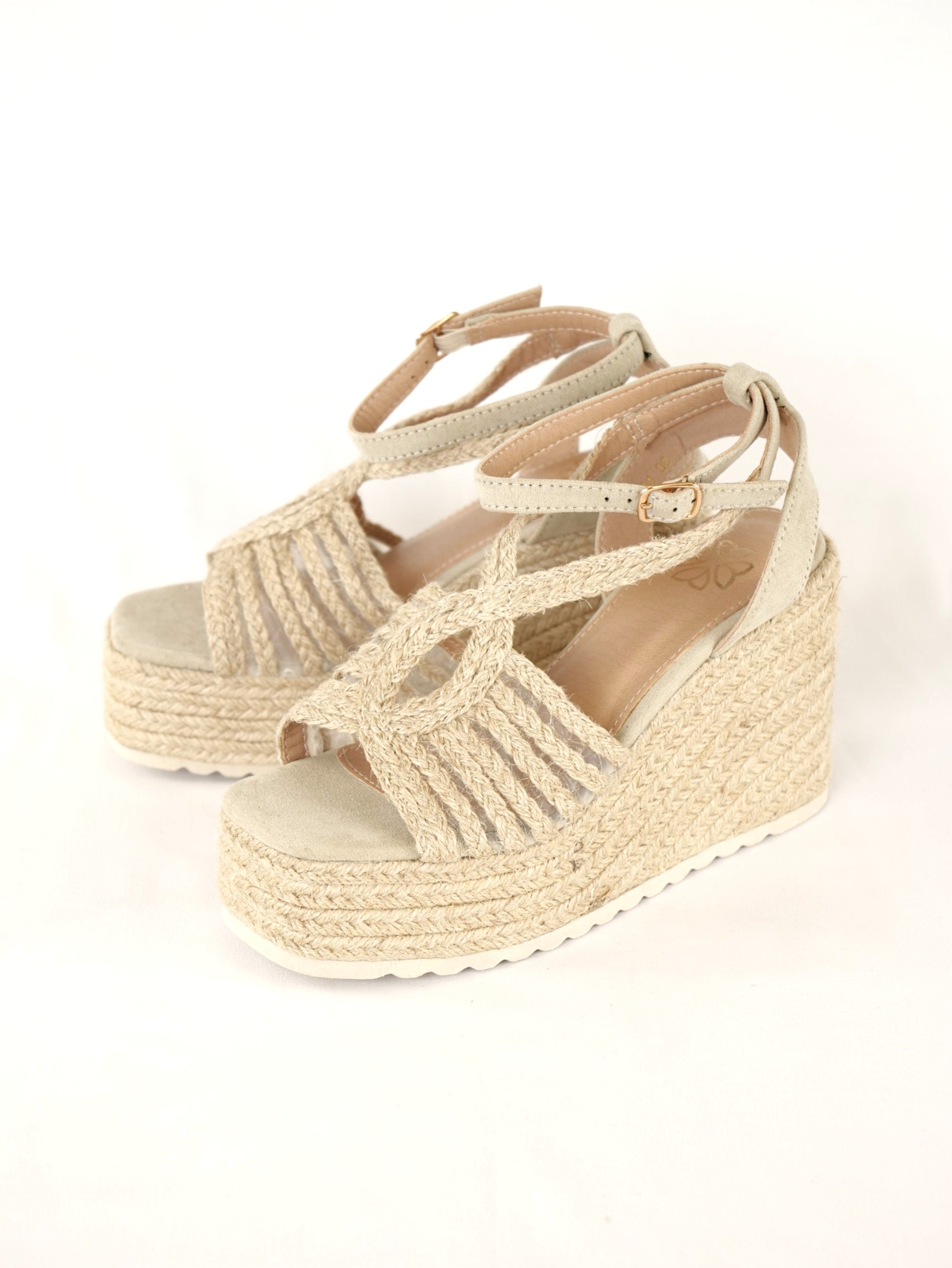 Sandalias de Cuña 11cm - Sandalias de plataforma para mujer con tiras trenzadas, diseño con cuña alta y suela de esparto, sandalias con cierre de hebilla y acabado metalizado o beige