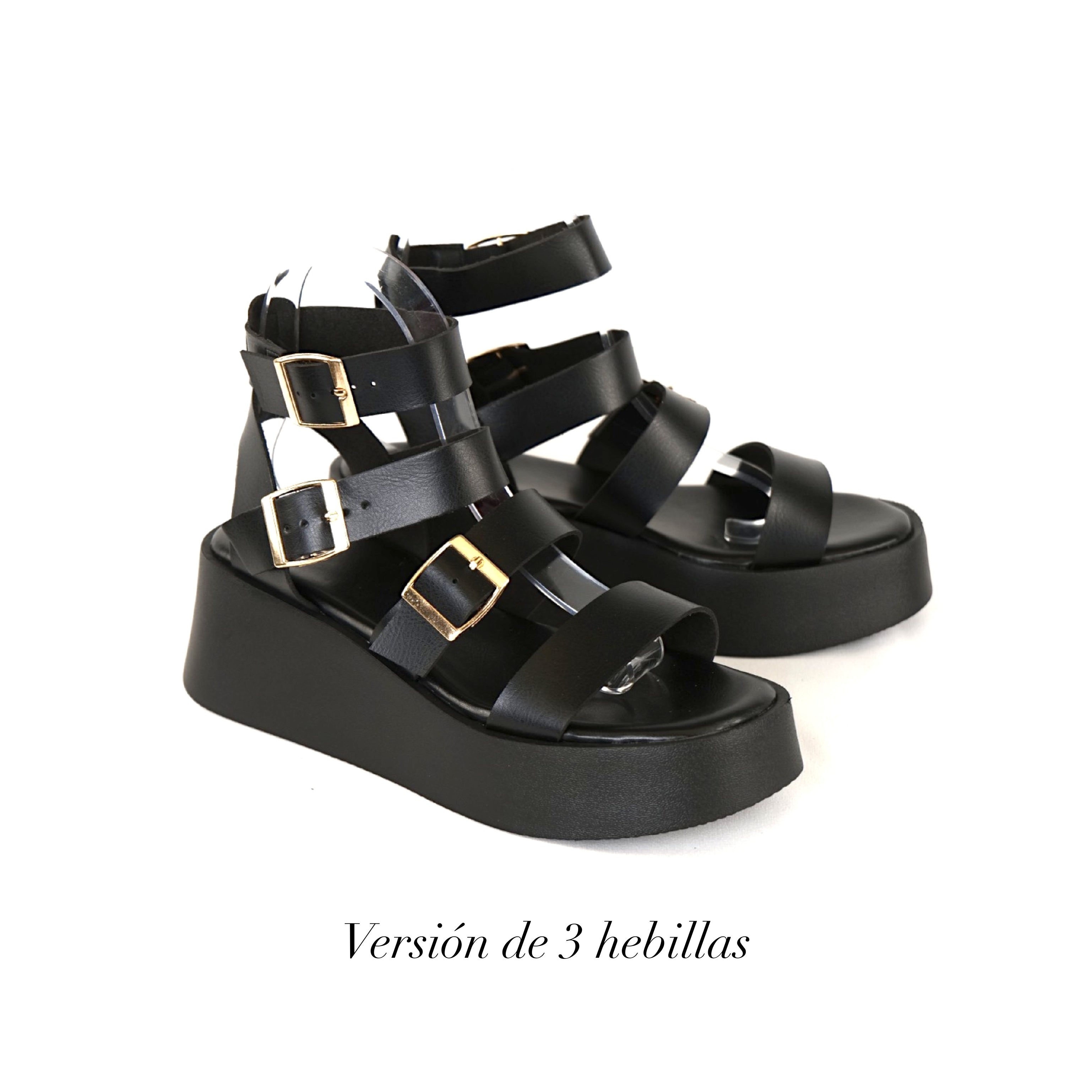Sandalias Romanas con Plataforma alta para mujer en negro con tiras múltiples y hebillas metálicas, zapatos abiertos cómodos estilo casual urbano