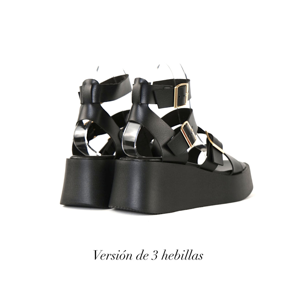 Sandalias Romanas con Plataforma alta para mujer en negro con tiras múltiples y hebillas metálicas, zapatos abiertos cómodos estilo casual urbano