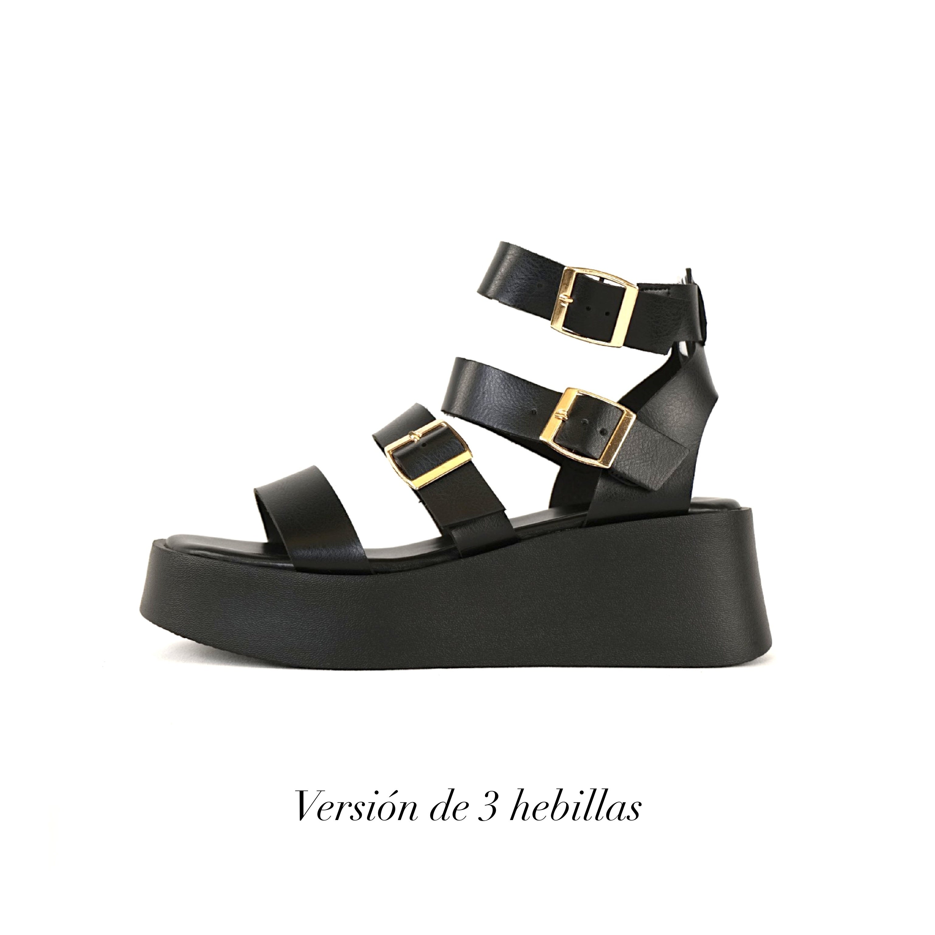 Sandalias Romanas con Plataforma alta para mujer en negro con tiras múltiples y hebillas metálicas, zapatos abiertos cómodos estilo casual urbano
