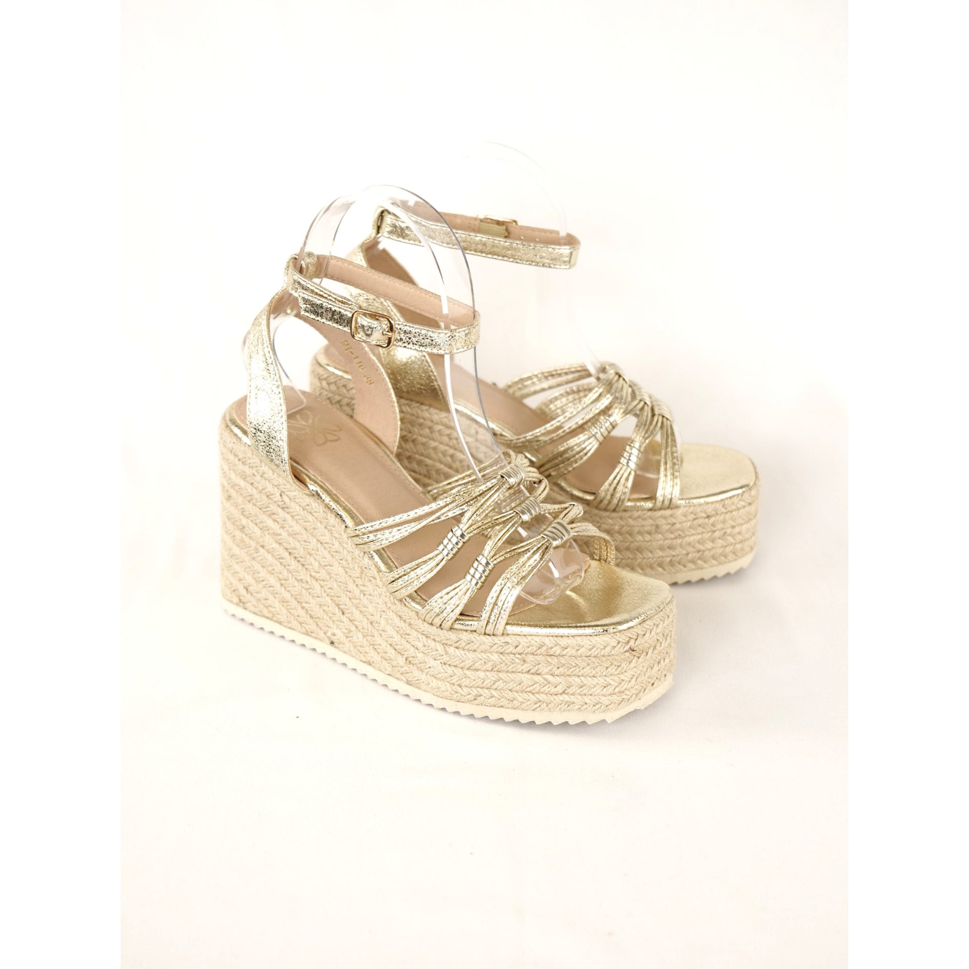 Sandalias de Cuña Alta para mujer en color dorado con tiras finas trenzadas, plataforma de yute estilo espadrille, sandalias altas con pulsera al tobillo y hebilla, zapatos verano elegantes casuales