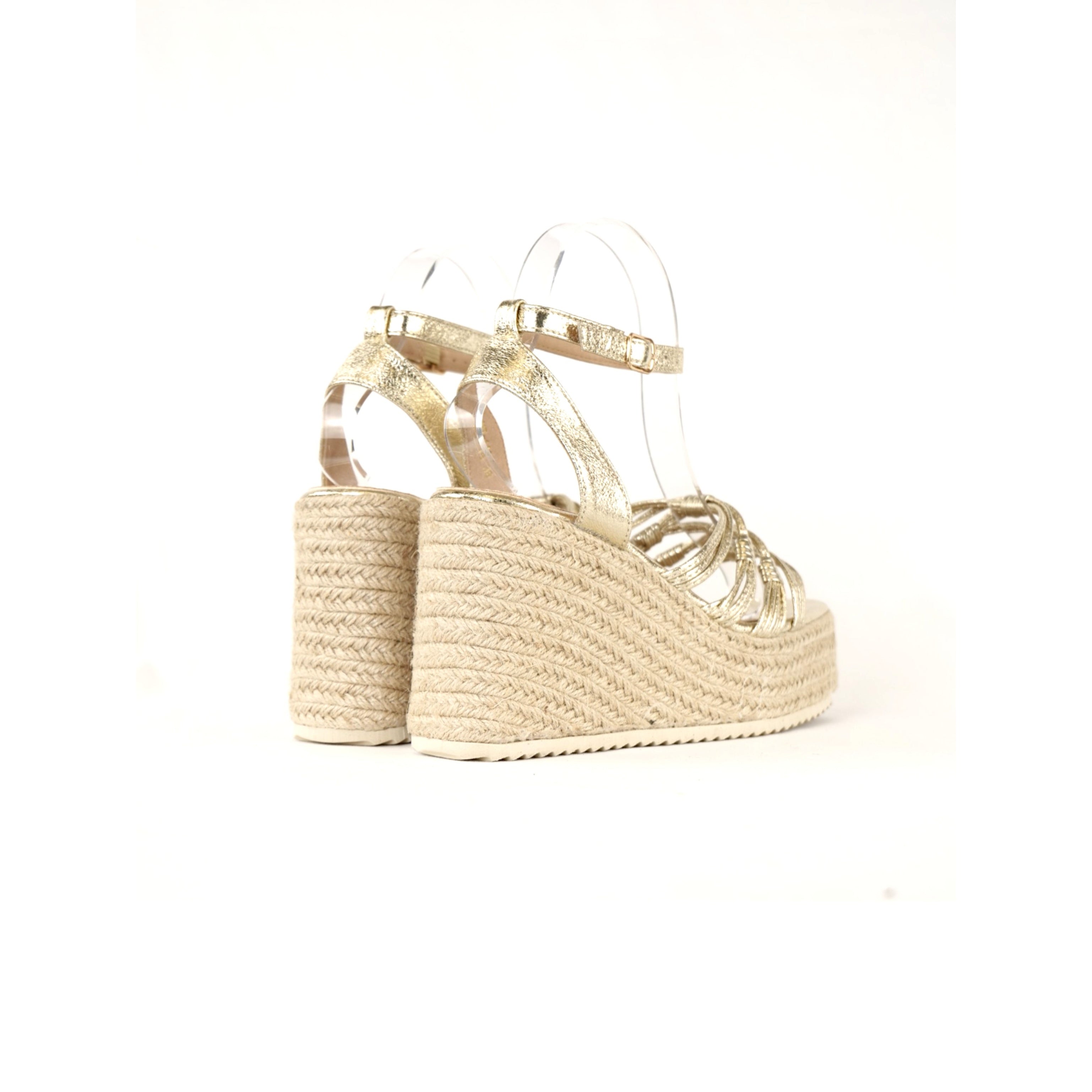 Sandalias de Cuña Alta para mujer en color dorado con tiras finas trenzadas, plataforma de yute estilo espadrille, sandalias altas con pulsera al tobillo y hebilla, zapatos verano elegantes casuales