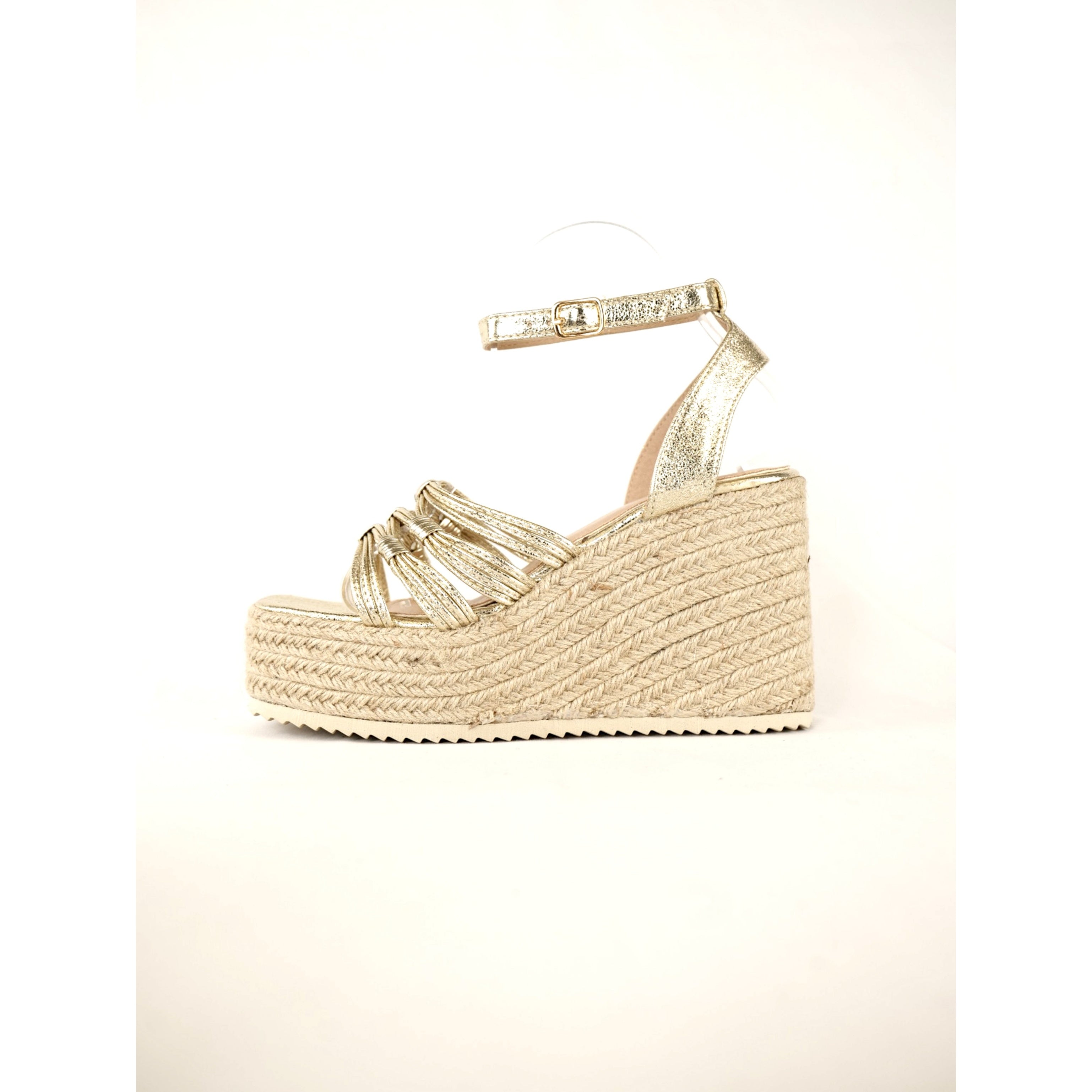 Sandalias de Cuña Alta para mujer en color dorado con tiras finas trenzadas, plataforma de yute estilo espadrille, sandalias altas con pulsera al tobillo y hebilla, zapatos verano elegantes casuales
