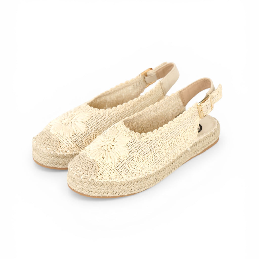 Alpargatas con Flores Bordadas - Alpargatas planas tipo slingback para mujer con puntera cerrada y flores bordadas en relieve, sandalias espadrille con talón abierto y hebilla ajustable, diseño calado con suela efecto yute para looks de verano