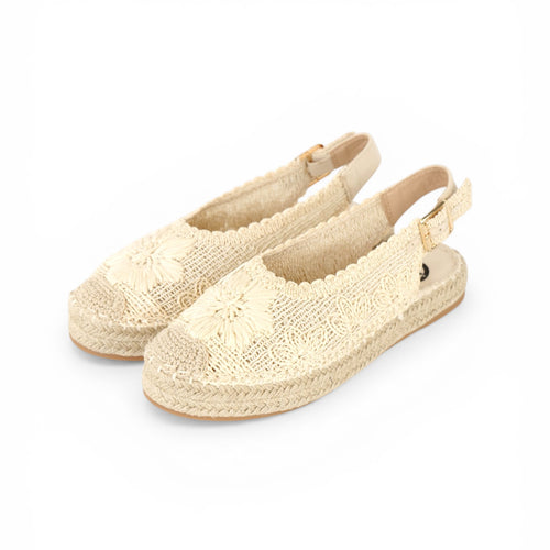 Alpargatas con Flores Bordadas - Alpargatas planas tipo slingback para mujer con puntera cerrada y flores bordadas en relieve, sandalias espadrille con talón abierto y hebilla ajustable, diseño calado con suela efecto yute para looks de verano