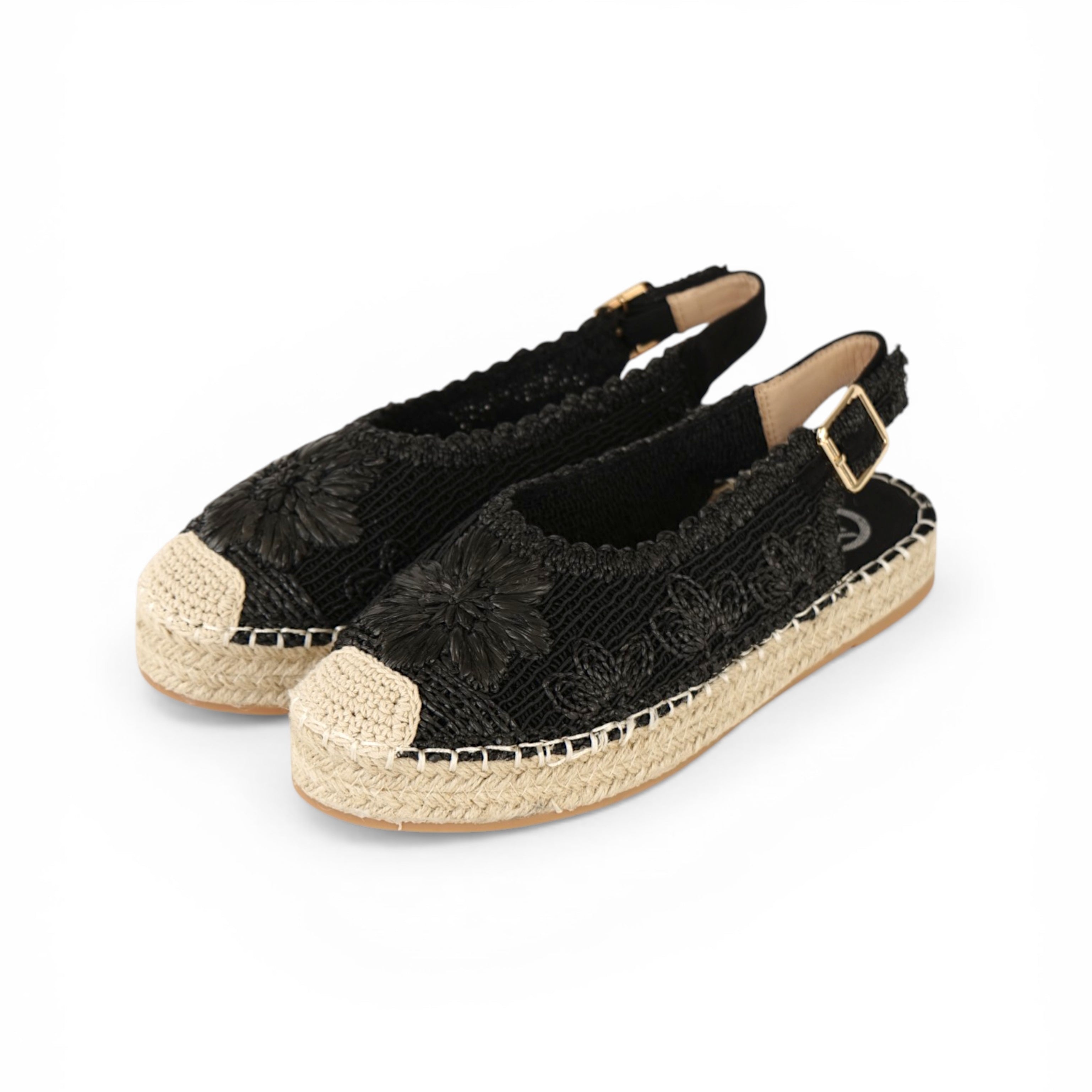 Alpargatas con Flores Bordadas - Alpargatas planas tipo slingback para mujer con puntera cerrada y flores bordadas en relieve, sandalias espadrille con talón abierto y hebilla ajustable, diseño calado con suela efecto yute para looks de verano
