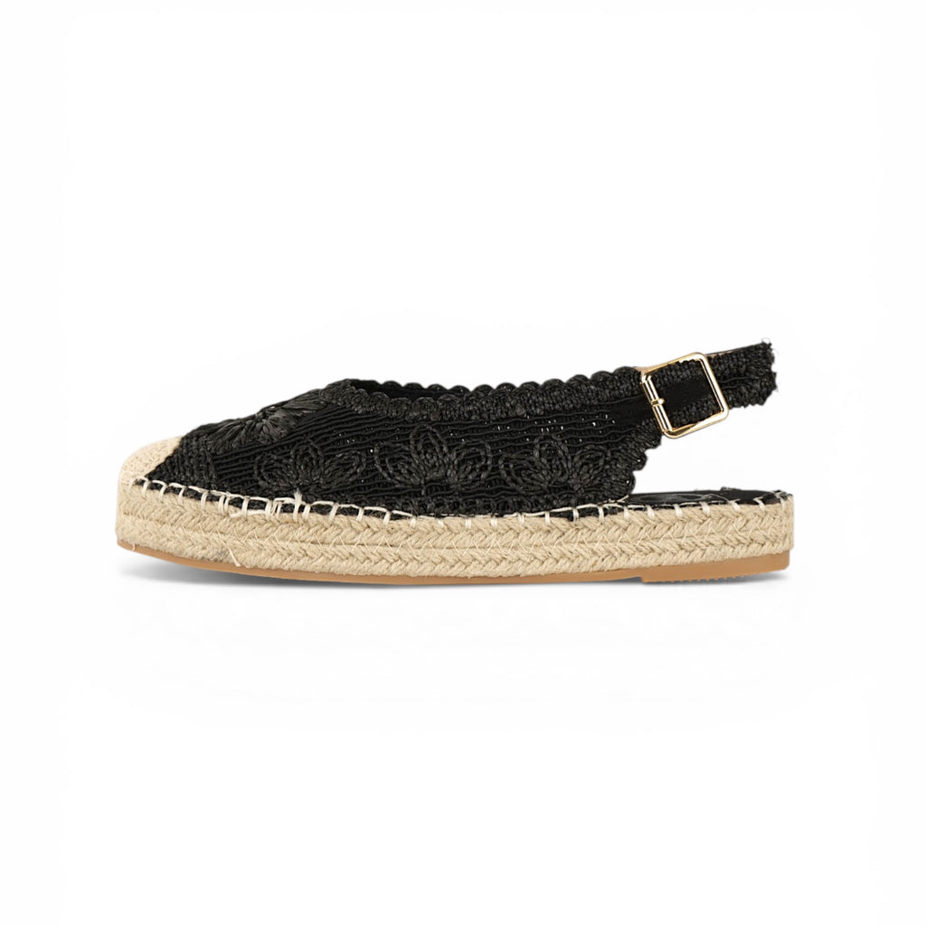 Alpargatas con Flores Bordadas - Alpargatas planas tipo slingback para mujer con puntera cerrada y flores bordadas en relieve, sandalias espadrille con talón abierto y hebilla ajustable, diseño calado con suela efecto yute para looks de verano