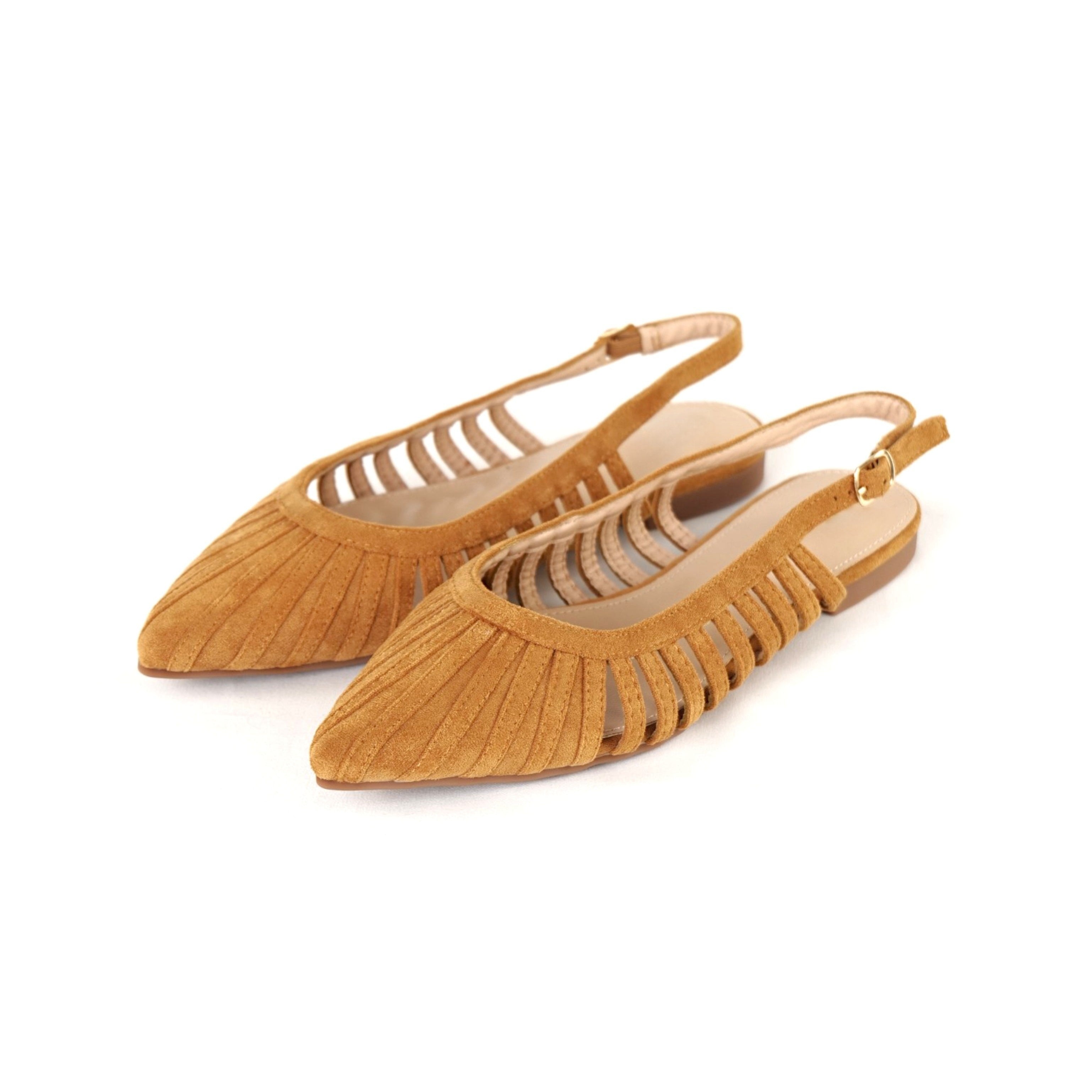 Sandalias planas tipo slingback para mujer en color camel y negro, zapatos destalonados con punta fina y diseño calado, sandalias elegantes de verano con hebilla ajustable y acabado en gamuza sintética