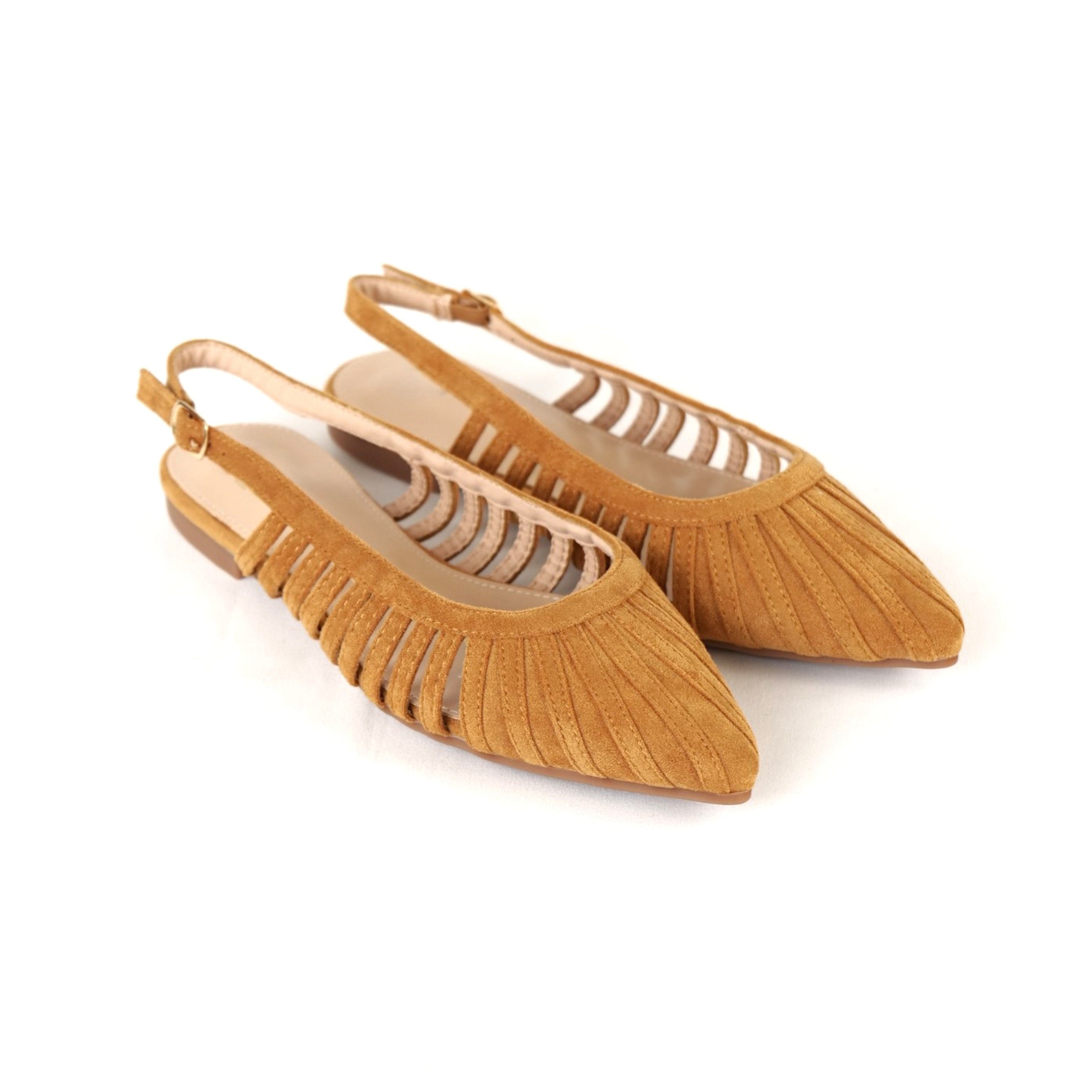 Sandalias planas tipo slingback para mujer en color camel y negro, zapatos destalonados con punta fina y diseño calado, sandalias elegantes de verano con hebilla ajustable y acabado en gamuza sintética