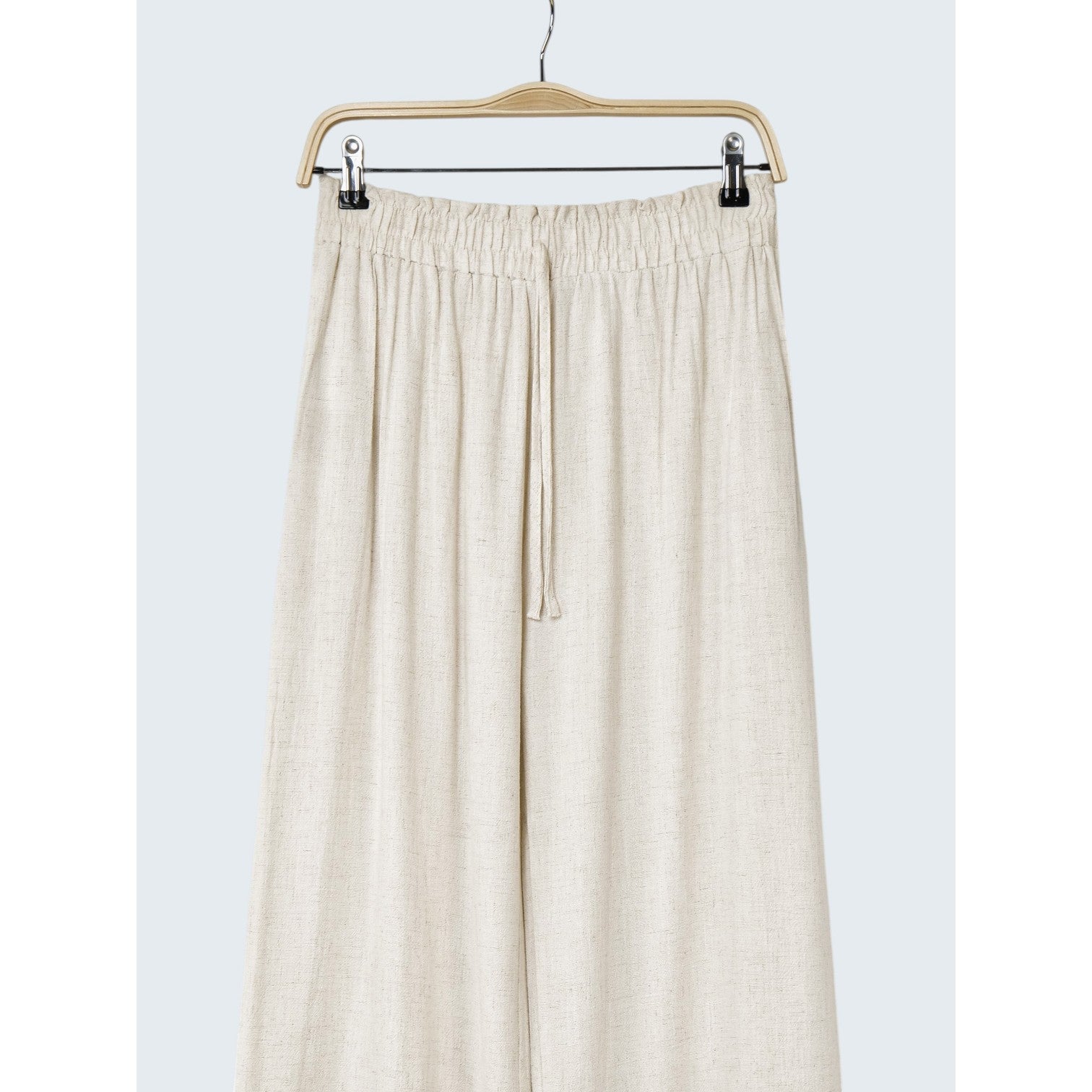 Pantalón mujer lino beige cintura elástica con cordón tiro alto corte ancho fluido, pantalón casual verano holgado cómodo estilo minimalista classy outfit mujer moda femenina