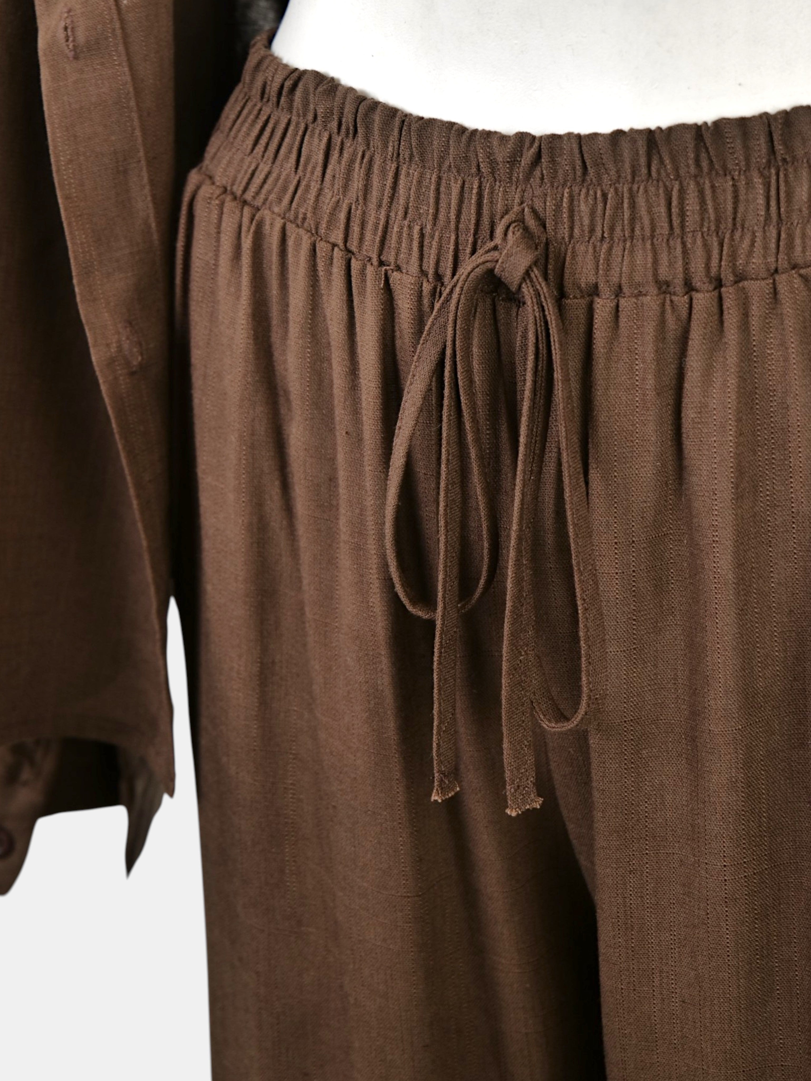 Conjunto mujer lino camisa manga larga y pantalón palazzo ancho cintura elástica, set dos piezas elegante casual holgado minimalista outfit verano cómodo estilo classy moda femenina