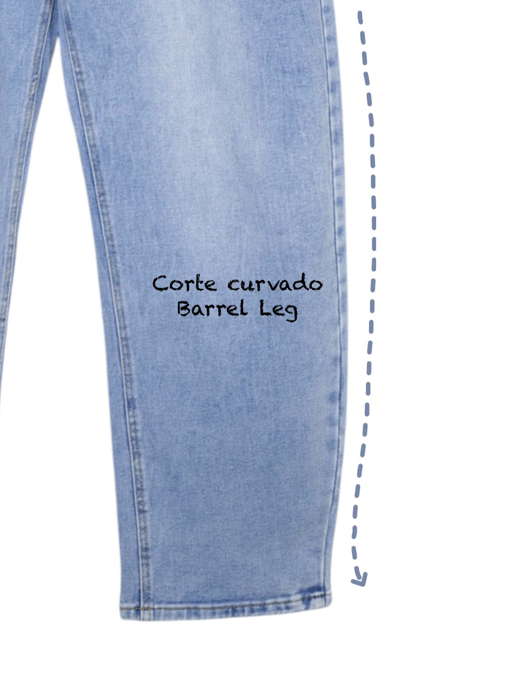 Jeans mujer tiro alto barrel leg denim azul claro con cinturón, pantalón vaquero corte curvado holgado moderno casual streetwear estilo minimalista outfit diario moda femenina