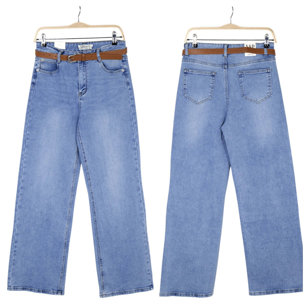Jeans mujer tiro alto wide leg denim azul claro con cinturón, pantalón vaquero recto ancho holgado casual cómodo estilo minimalista streetwear outfit diario moda femenina