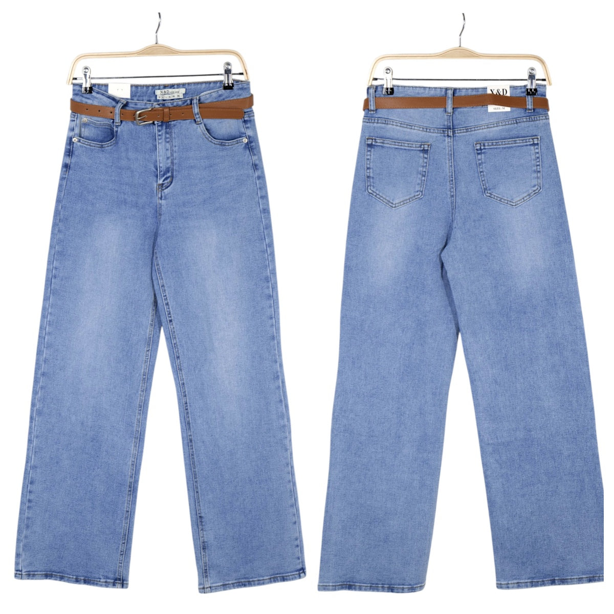 Jeans mujer tiro alto wide leg denim azul claro con cinturón, pantalón vaquero recto ancho holgado casual cómodo estilo minimalista streetwear outfit diario moda femenina