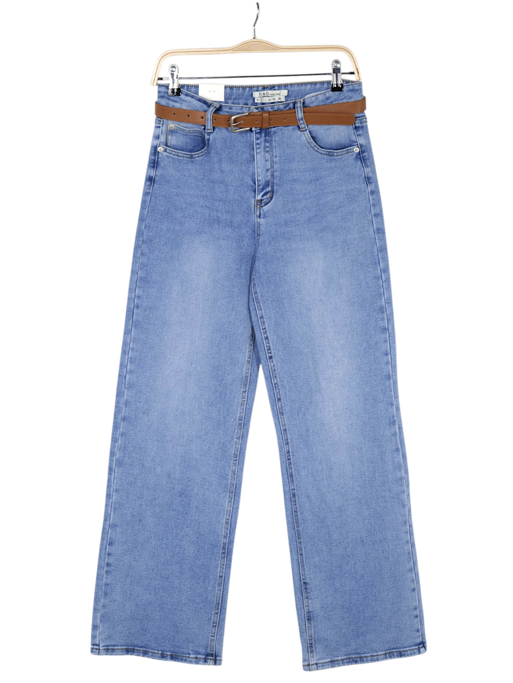 Jeans mujer tiro alto wide leg denim azul claro con cinturón, pantalón vaquero recto ancho holgado casual cómodo estilo minimalista streetwear outfit diario moda femenina