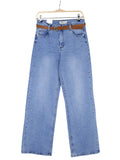 Jeans mujer tiro alto wide leg denim azul claro con cinturón, pantalón vaquero recto ancho holgado casual cómodo estilo minimalista streetwear outfit diario moda femenina