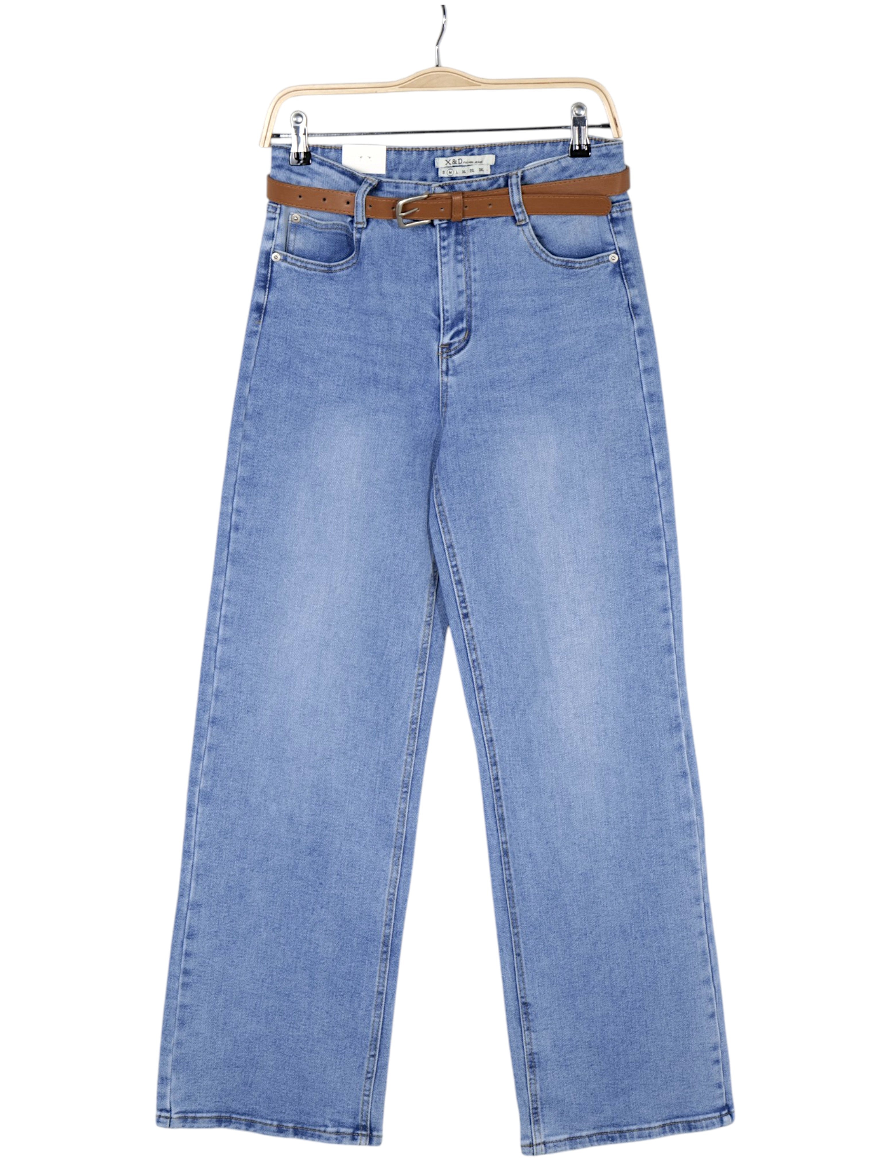 Jeans mujer tiro alto wide leg denim azul claro con cinturón, pantalón vaquero recto ancho holgado casual cómodo estilo minimalista streetwear outfit diario moda femenina
