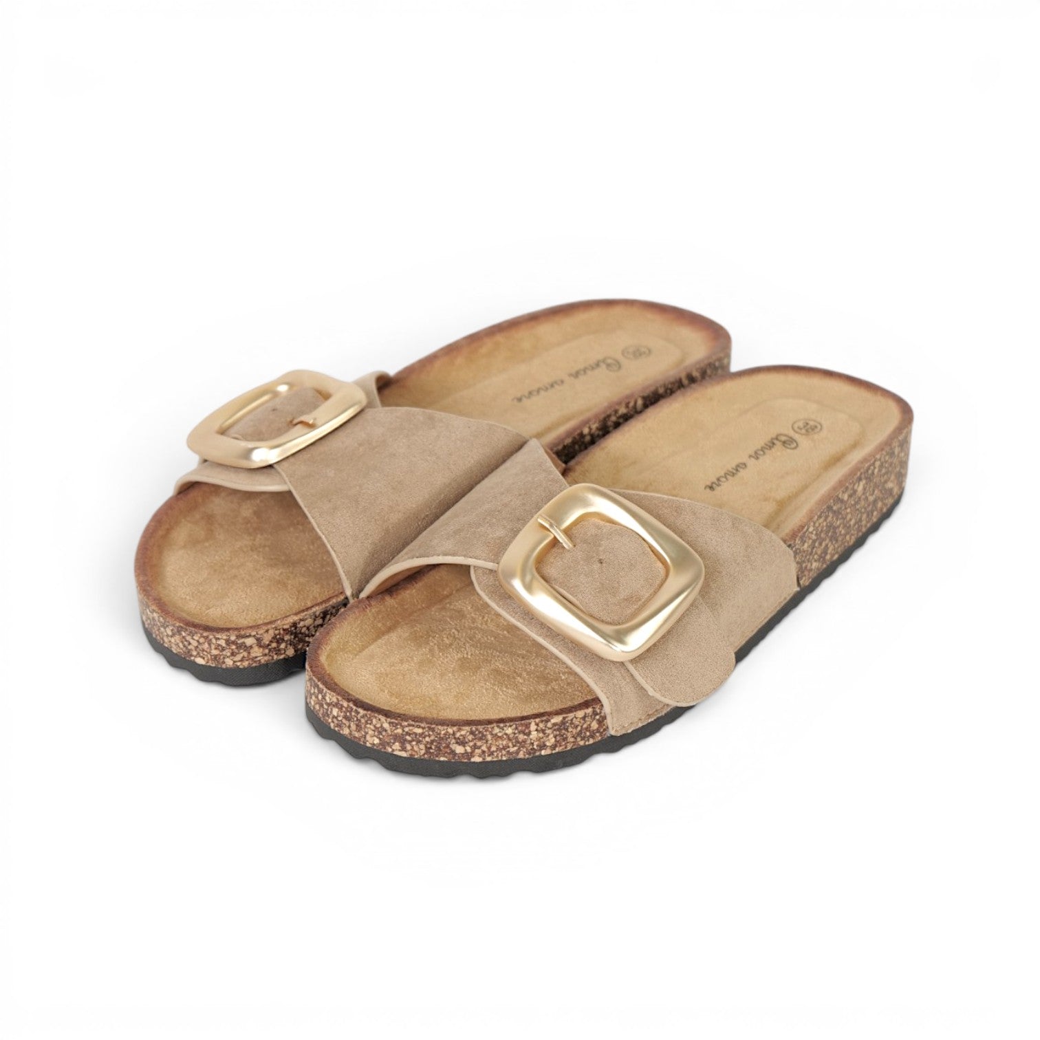 Sandalias planas de tira efecto ante para mujer con hebilla grande dorada mate, sandalias confort con plantilla suave y cómoda, sandalias casual verano de suela corcho sintético en marrón chocolate, beige, negro y blanco