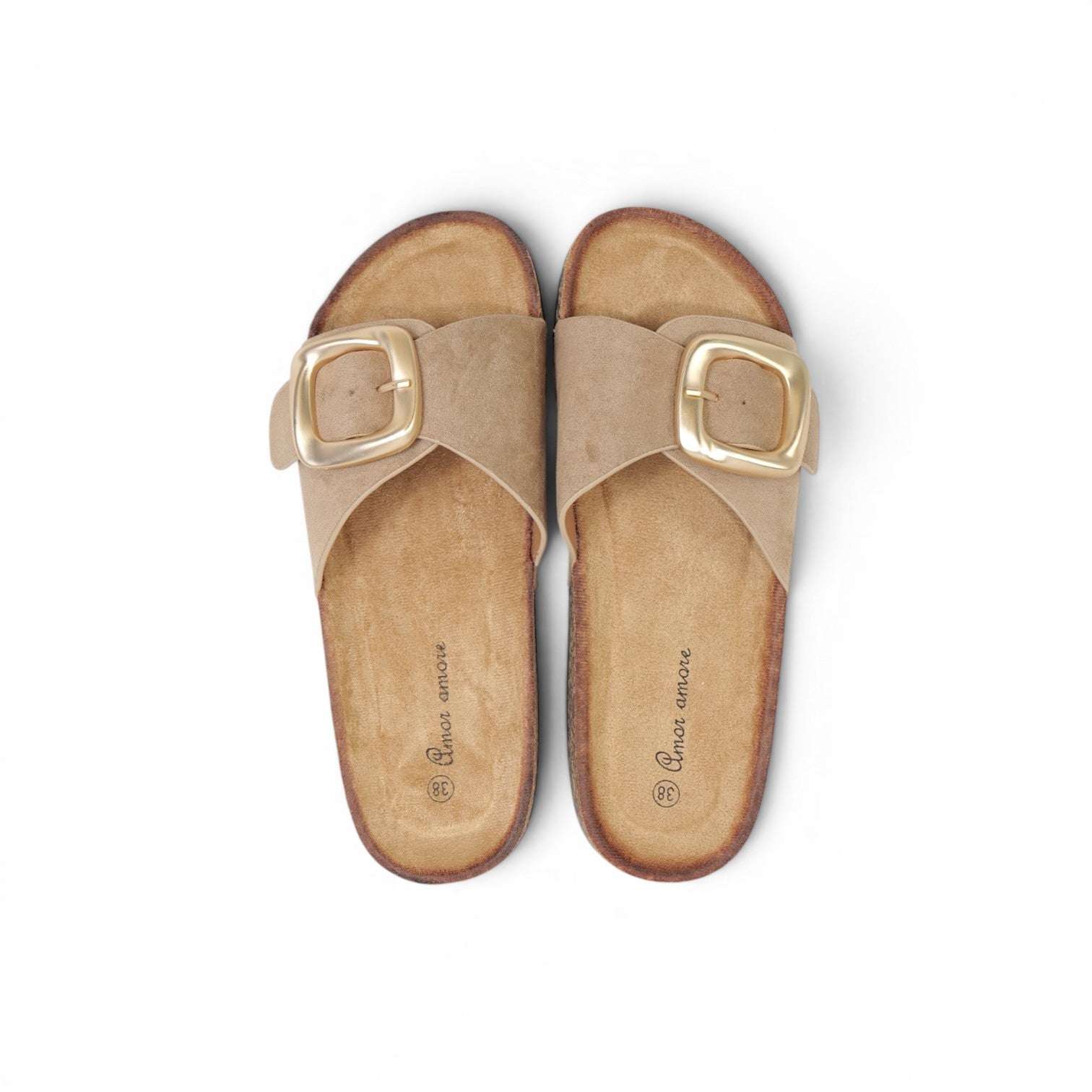 Sandalias planas de tira efecto ante para mujer con hebilla grande dorada mate, sandalias confort con plantilla suave y cómoda, sandalias casual verano de suela corcho sintético en marrón chocolate, beige, negro y blanco