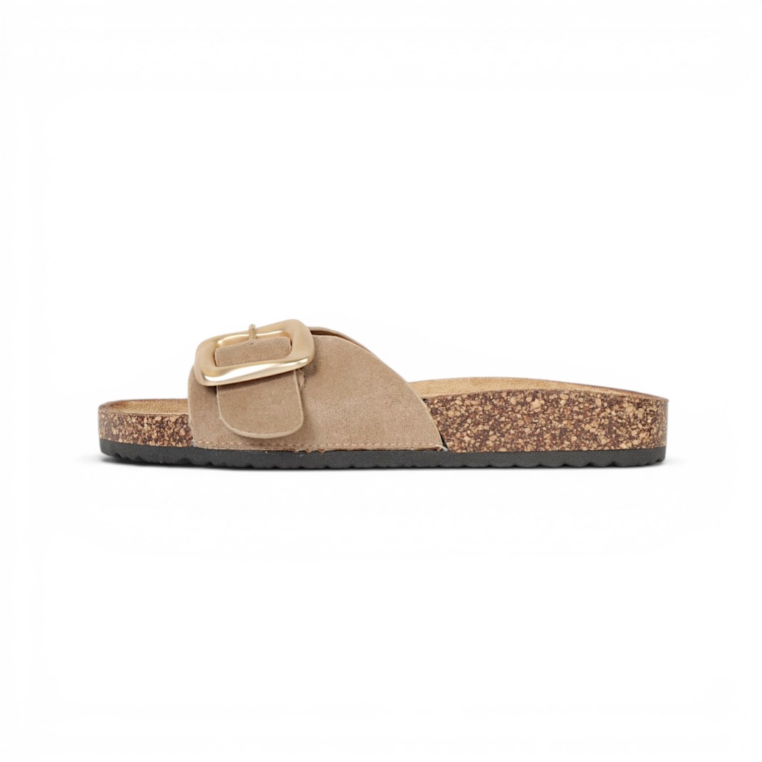 Sandalias planas de tira efecto ante para mujer con hebilla grande dorada mate, sandalias confort con plantilla suave y cómoda, sandalias casual verano de suela corcho sintético en marrón chocolate, beige, negro y blanco