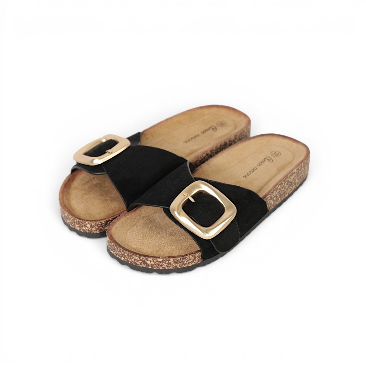Sandalias planas de tira efecto ante para mujer con hebilla grande dorada mate, sandalias confort con plantilla suave y cómoda, sandalias casual verano de suela corcho sintético en marrón chocolate, beige, negro y blanco