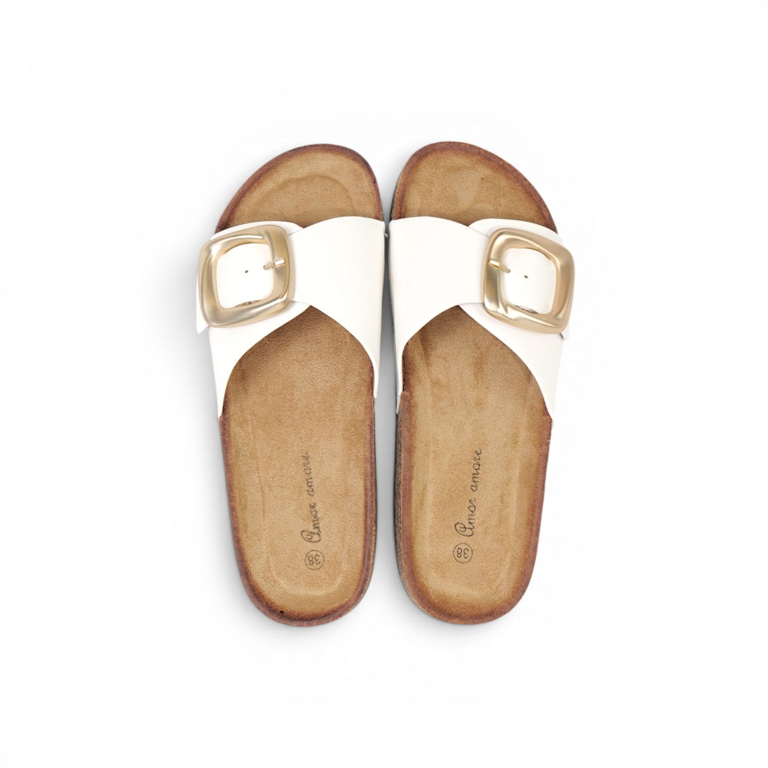 Sandalias planas de tira efecto ante para mujer con hebilla grande dorada mate, sandalias confort con plantilla suave y cómoda, sandalias casual verano de suela corcho sintético en marrón chocolate, beige, negro y blanco