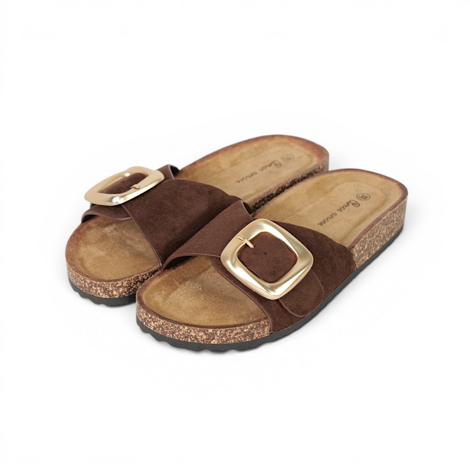 Sandalias planas de tira efecto ante para mujer con hebilla grande dorada mate, sandalias confort con plantilla suave y cómoda, sandalias casual verano de suela corcho sintético en marrón chocolate, beige, negro y blanco