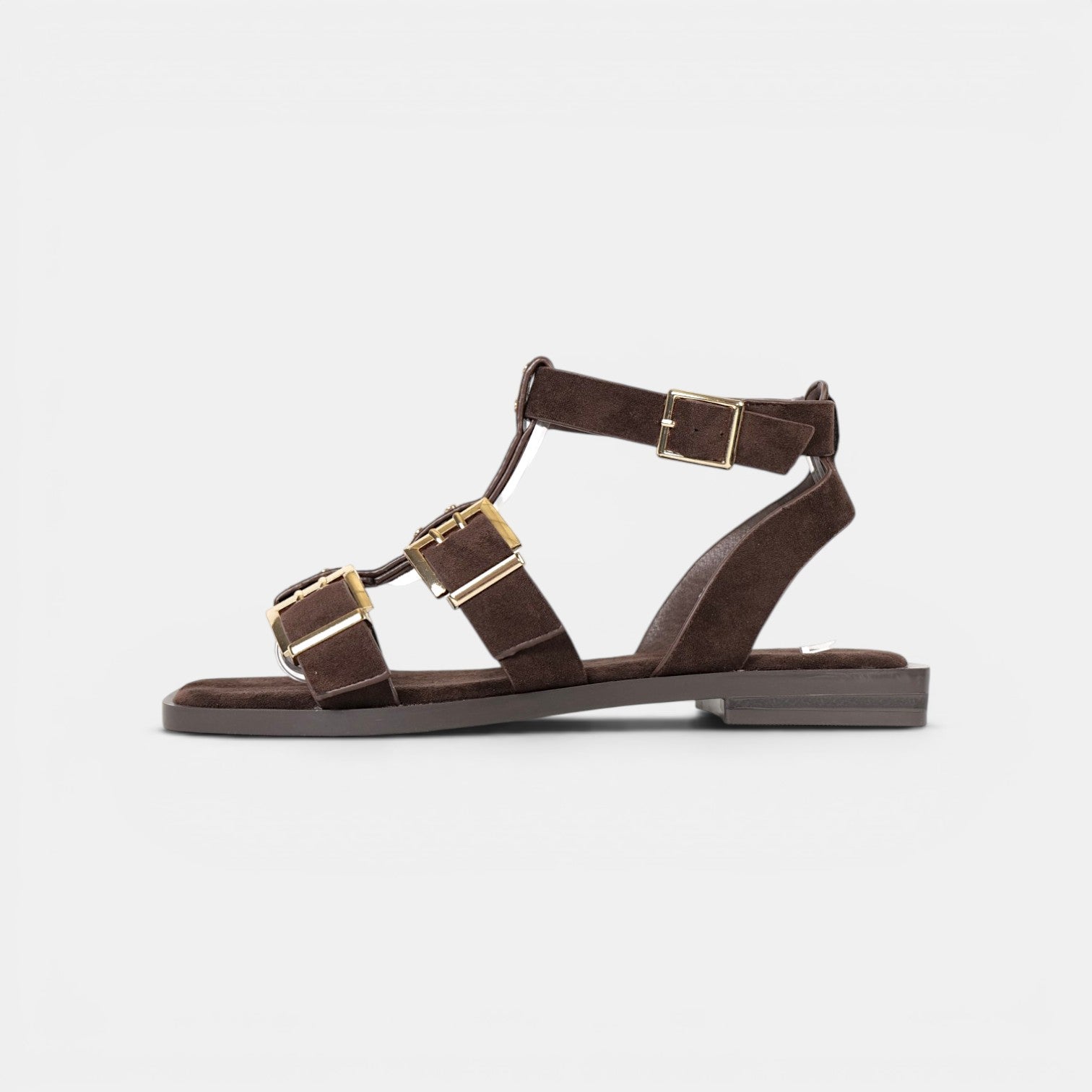 Sandalias planas romanas para mujer con hebillas metálicas y tachas, sandalias estilo gladiador de tiras múltiples efecto cuero sintético, sandalias casual verano con cierre de pulsera en tobillo color marrón