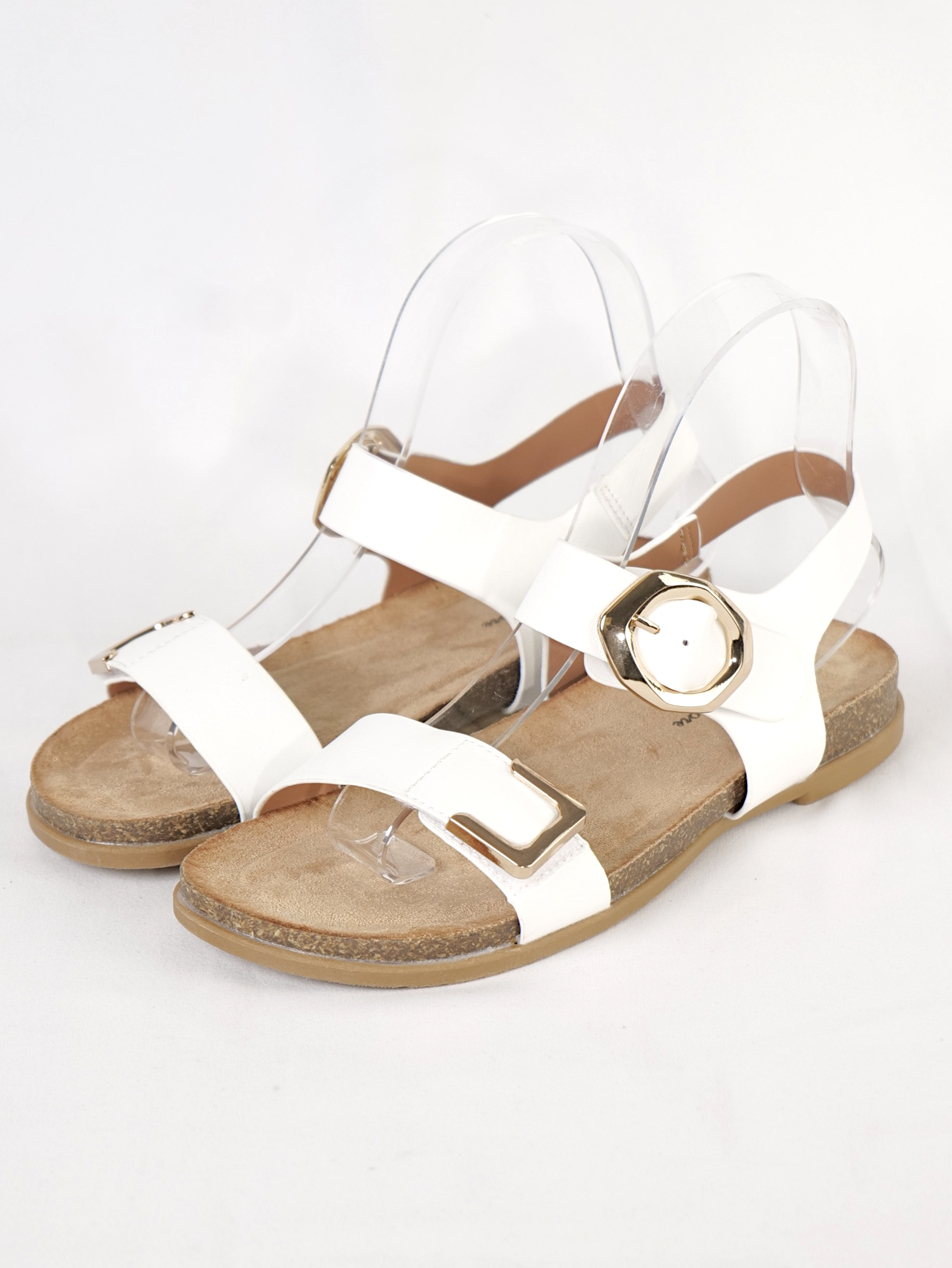 Sandalias planas mujer con doble tira y hebilla metálica dorada de velcro y hebilla, sandalias cómodas con pulsera trasera ajustable, suela anatómica efecto corcho, sandalias verano casual en blanco y marrón