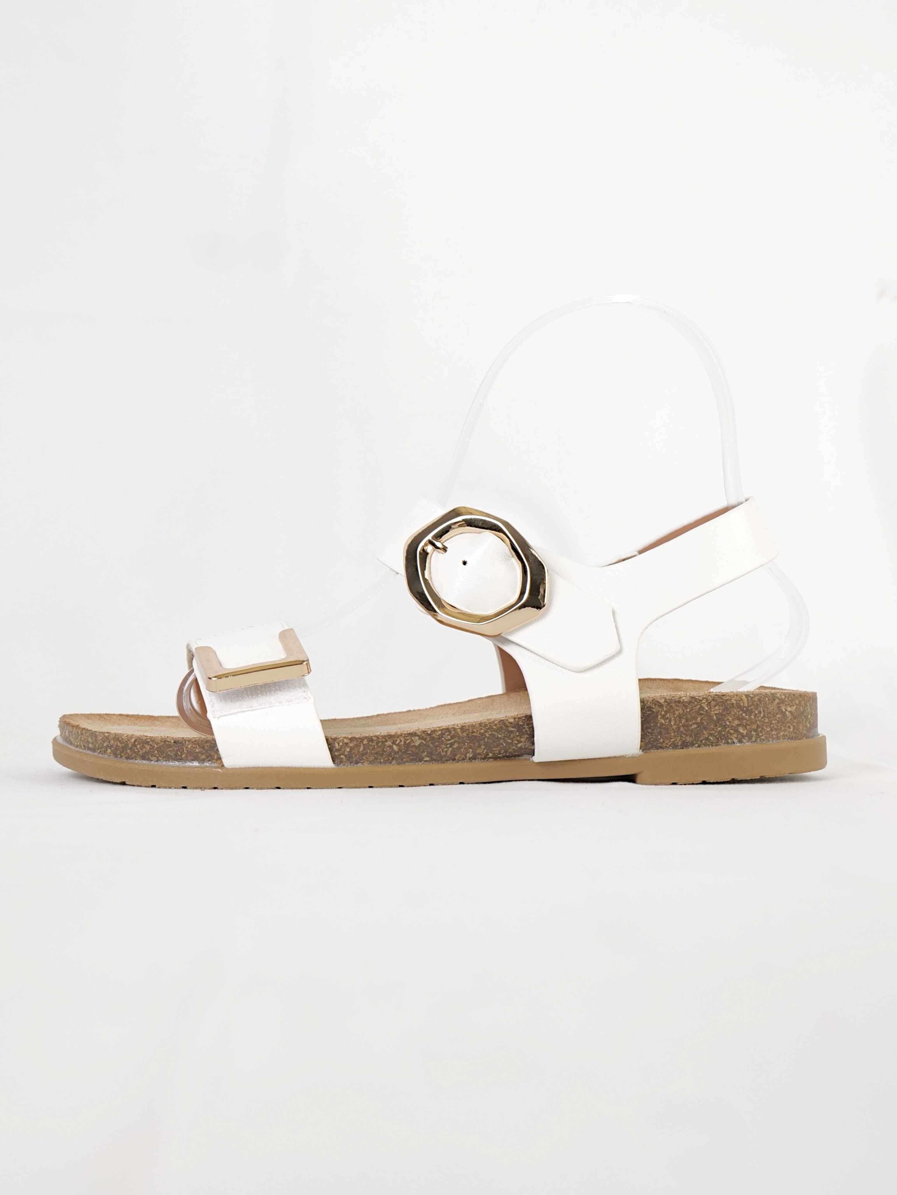Sandalias planas mujer con doble tira y hebilla metálica dorada de velcro y hebilla, sandalias cómodas con pulsera trasera ajustable, suela anatómica efecto corcho, sandalias verano casual en blanco y marrón