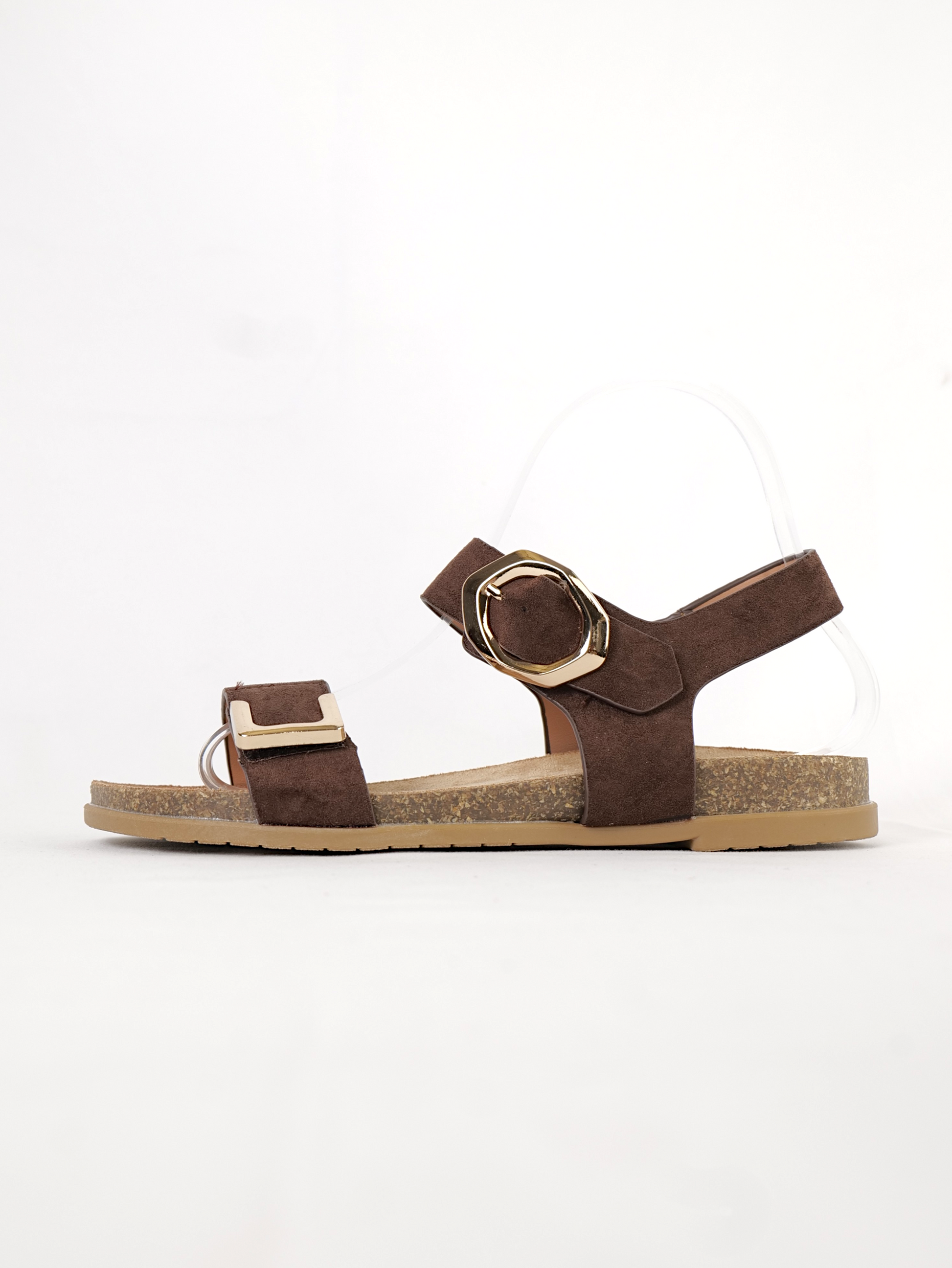 Sandalias planas mujer con doble tira y hebilla metálica dorada de velcro y hebilla, sandalias cómodas con pulsera trasera ajustable, suela anatómica efecto corcho, sandalias verano casual en blanco y marrón