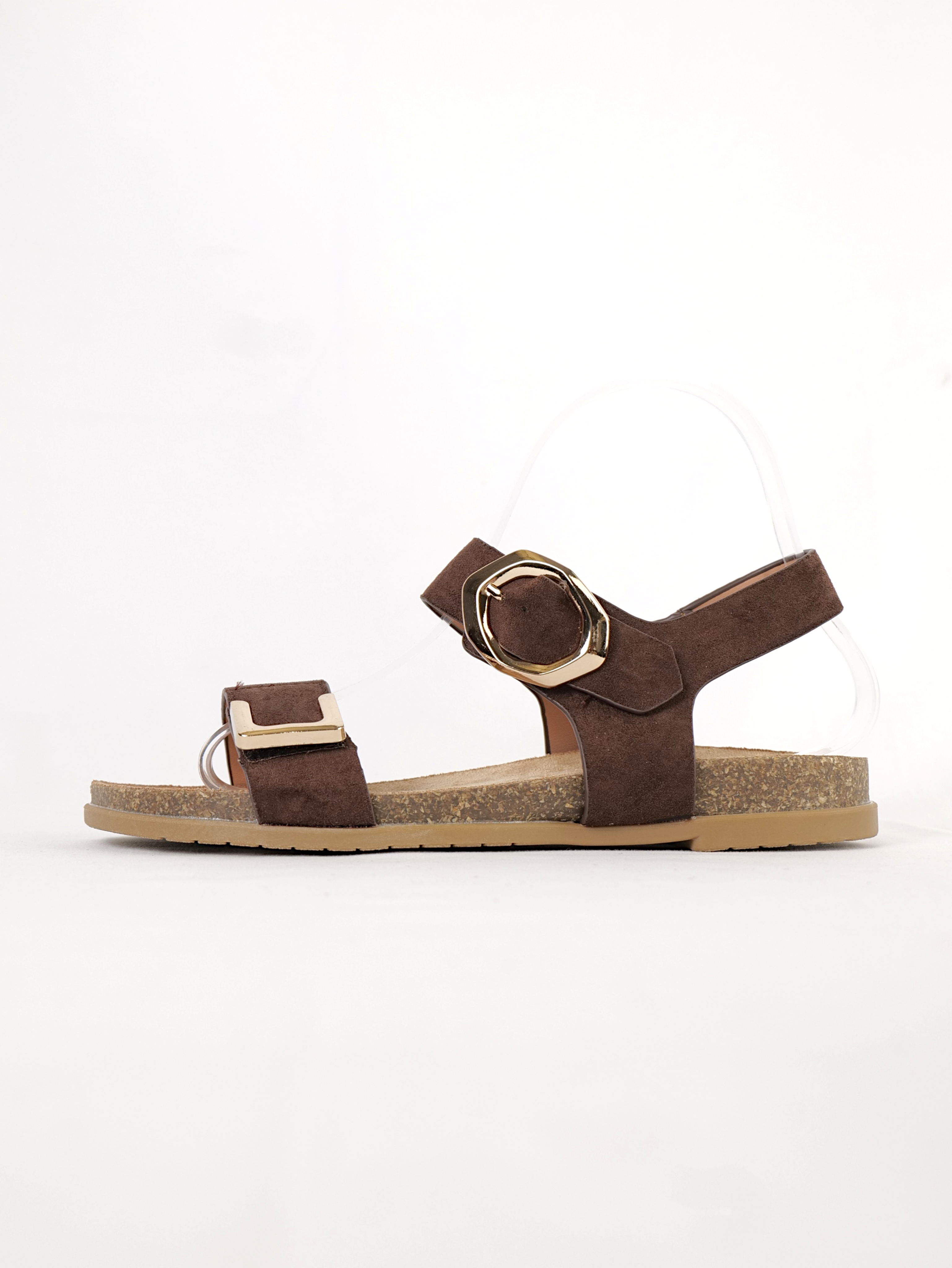 Sandalias planas mujer con doble tira y hebilla metálica dorada de velcro y hebilla, sandalias cómodas con pulsera trasera ajustable, suela anatómica efecto corcho, sandalias verano casual en blanco y marrón