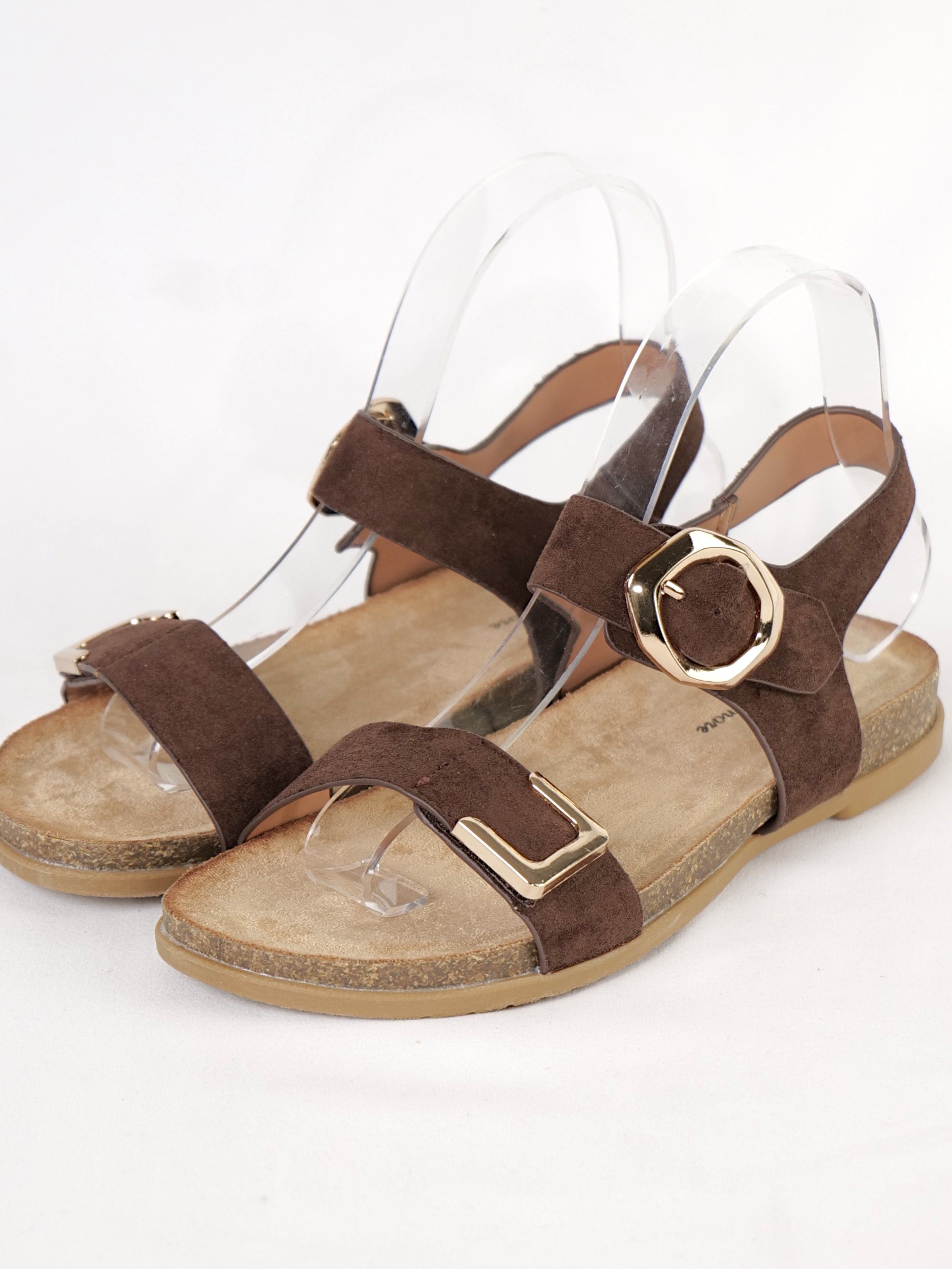 Sandalias planas mujer con doble tira y hebilla metálica dorada de velcro y hebilla, sandalias cómodas con pulsera trasera ajustable, suela anatómica efecto corcho, sandalias verano casual en blanco y marrón