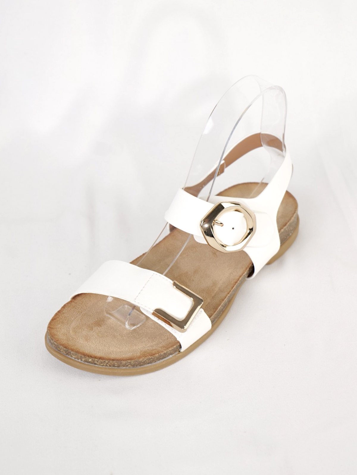 Sandalias planas mujer con doble tira y hebilla metálica dorada de velcro y hebilla, sandalias cómodas con pulsera trasera ajustable, suela anatómica efecto corcho, sandalias verano casual en blanco y marrón