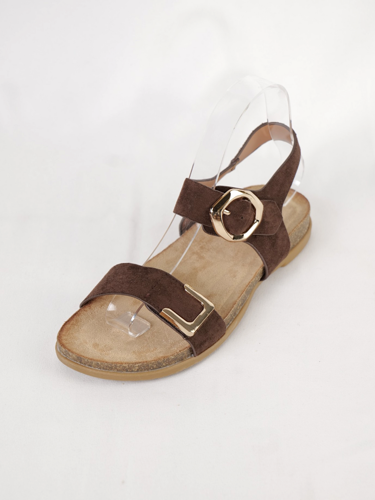 Sandalias planas mujer con doble tira y hebilla metálica dorada de velcro y hebilla, sandalias cómodas con pulsera trasera ajustable, suela anatómica efecto corcho, sandalias verano casual en blanco y marrón
