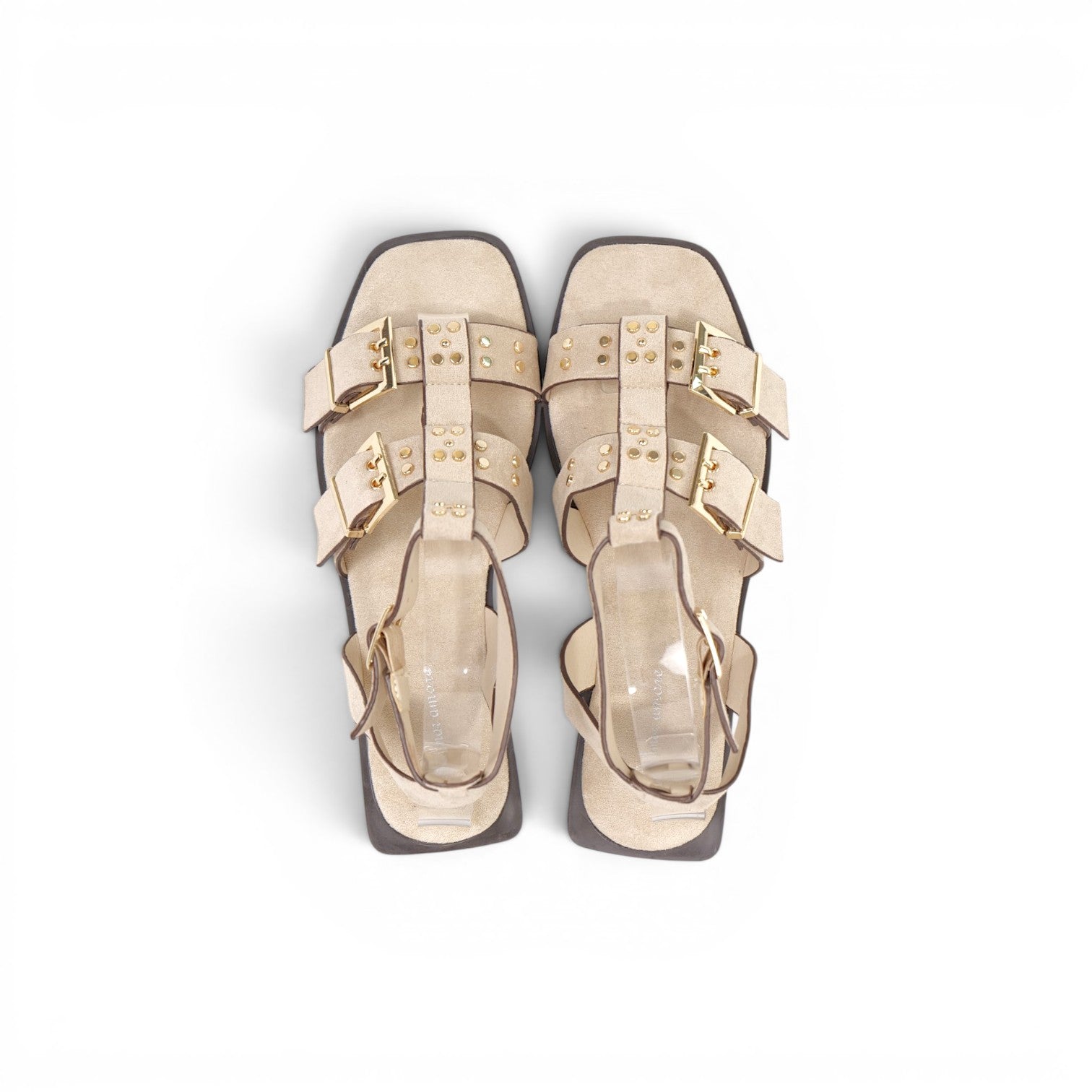 Sandalias planas romanas para mujer con hebillas metálicas y tachas, sandalias estilo gladiador de tiras múltiples efecto cuero sintético, sandalias casual verano con cierre de pulsera en tobillo color marrón