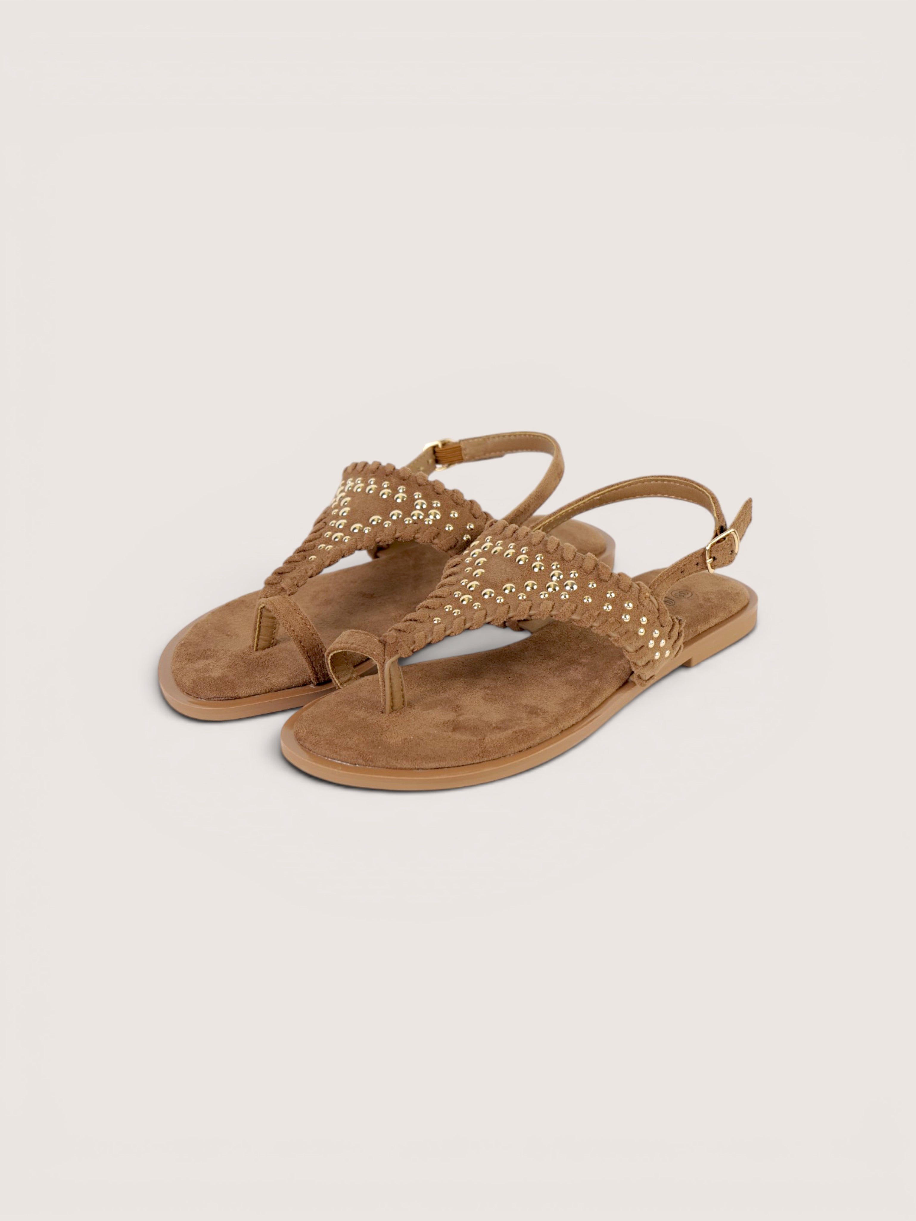 Sandalias Planas Estilo Boho tipo dedo para mujer con tacha dorada y correa trasera ajustable, sandalias estilo boho efecto gamuza sintética con plantilla cómoda, calzado casual verano en camel y marrón