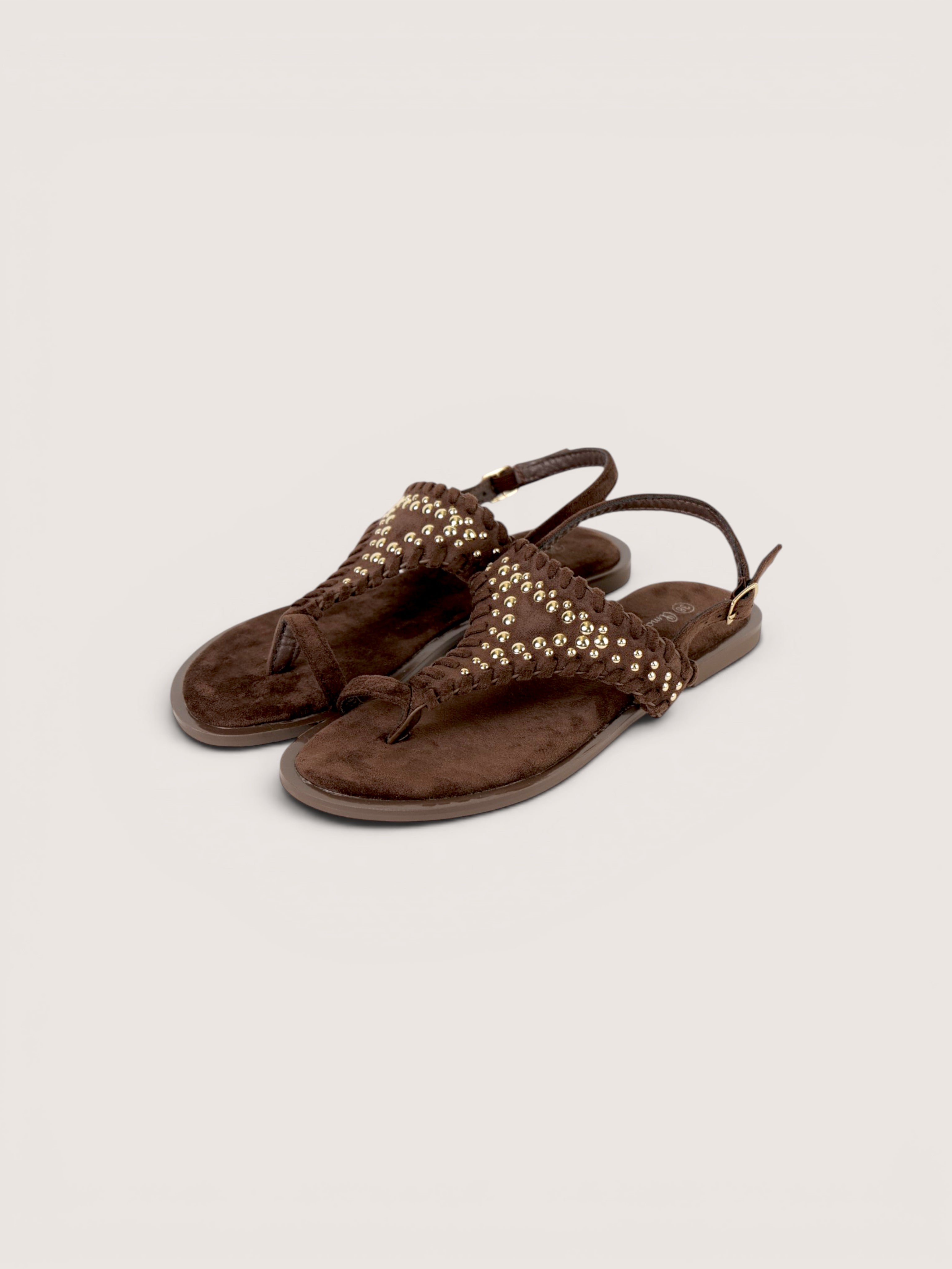 Sandalias Planas Estilo Boho tipo dedo para mujer con tacha dorada y correa trasera ajustable, sandalias estilo boho efecto gamuza sintética con plantilla cómoda, calzado casual verano en camel y marrón