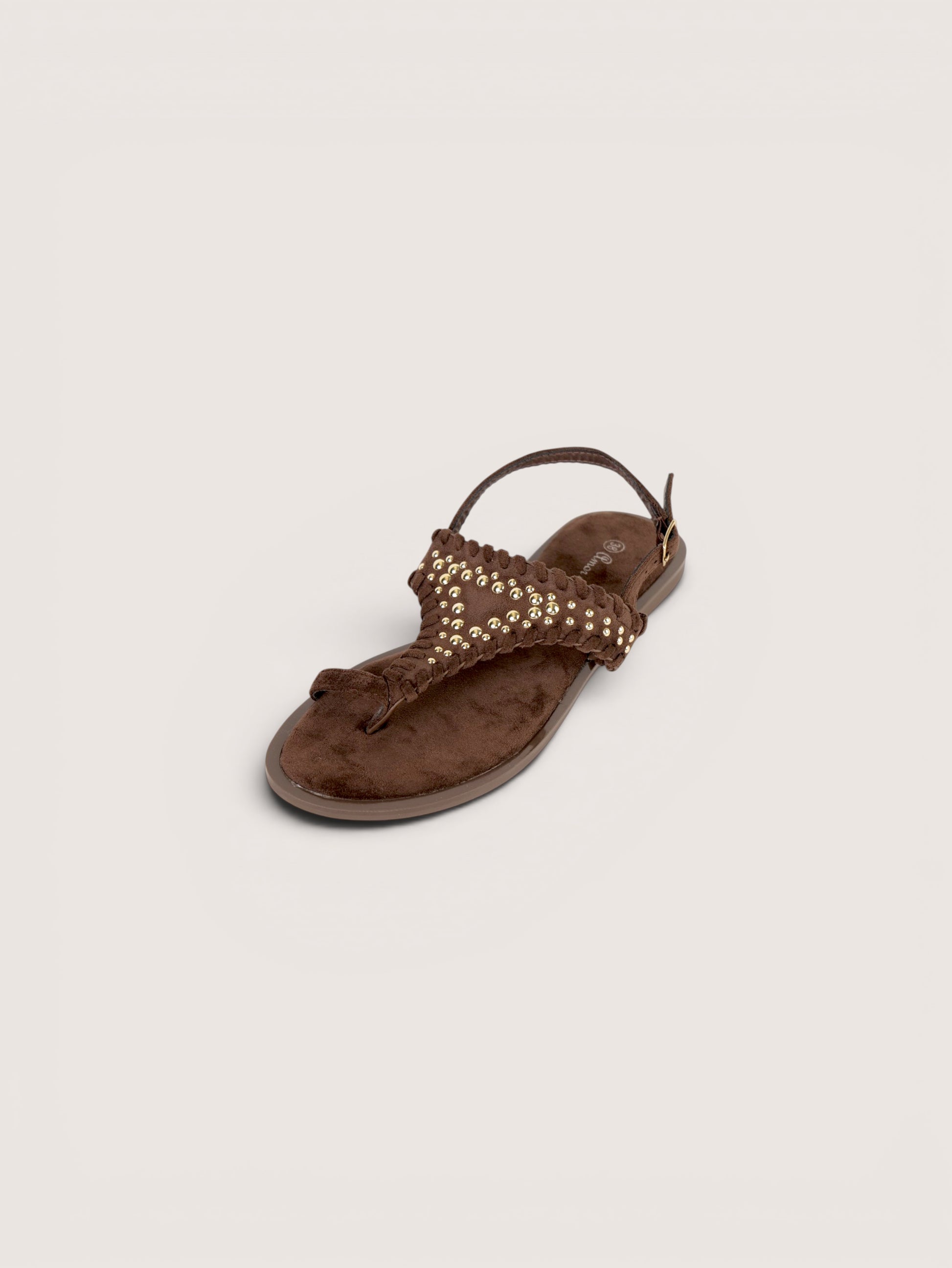 Sandalias Planas Estilo Boho tipo dedo para mujer con tacha dorada y correa trasera ajustable, sandalias estilo boho efecto gamuza sintética con plantilla cómoda, calzado casual verano en camel y marrón