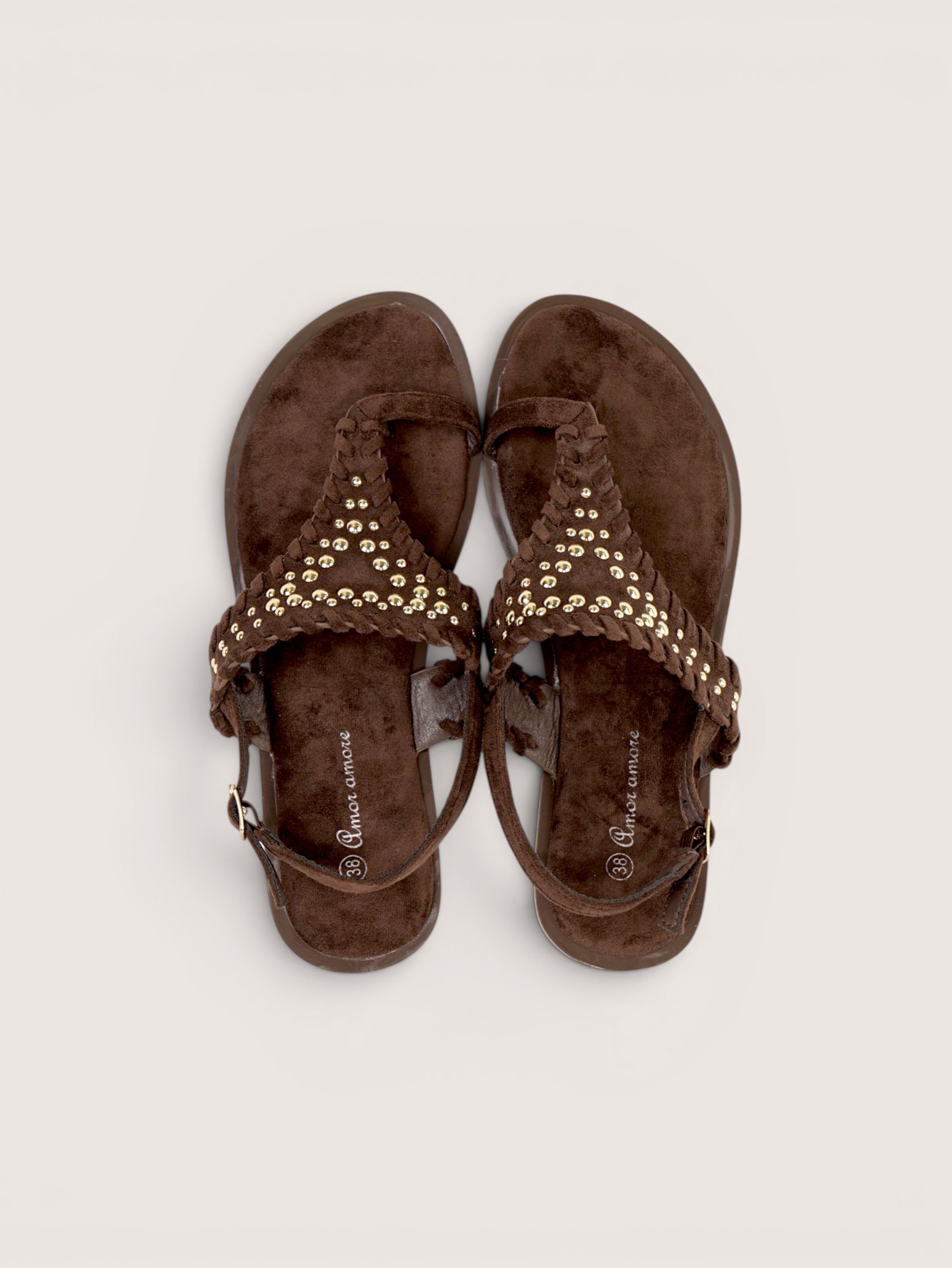 Sandalias Planas Estilo Boho tipo dedo para mujer con tacha dorada y correa trasera ajustable, sandalias estilo boho efecto gamuza sintética con plantilla cómoda, calzado casual verano en camel y marrón