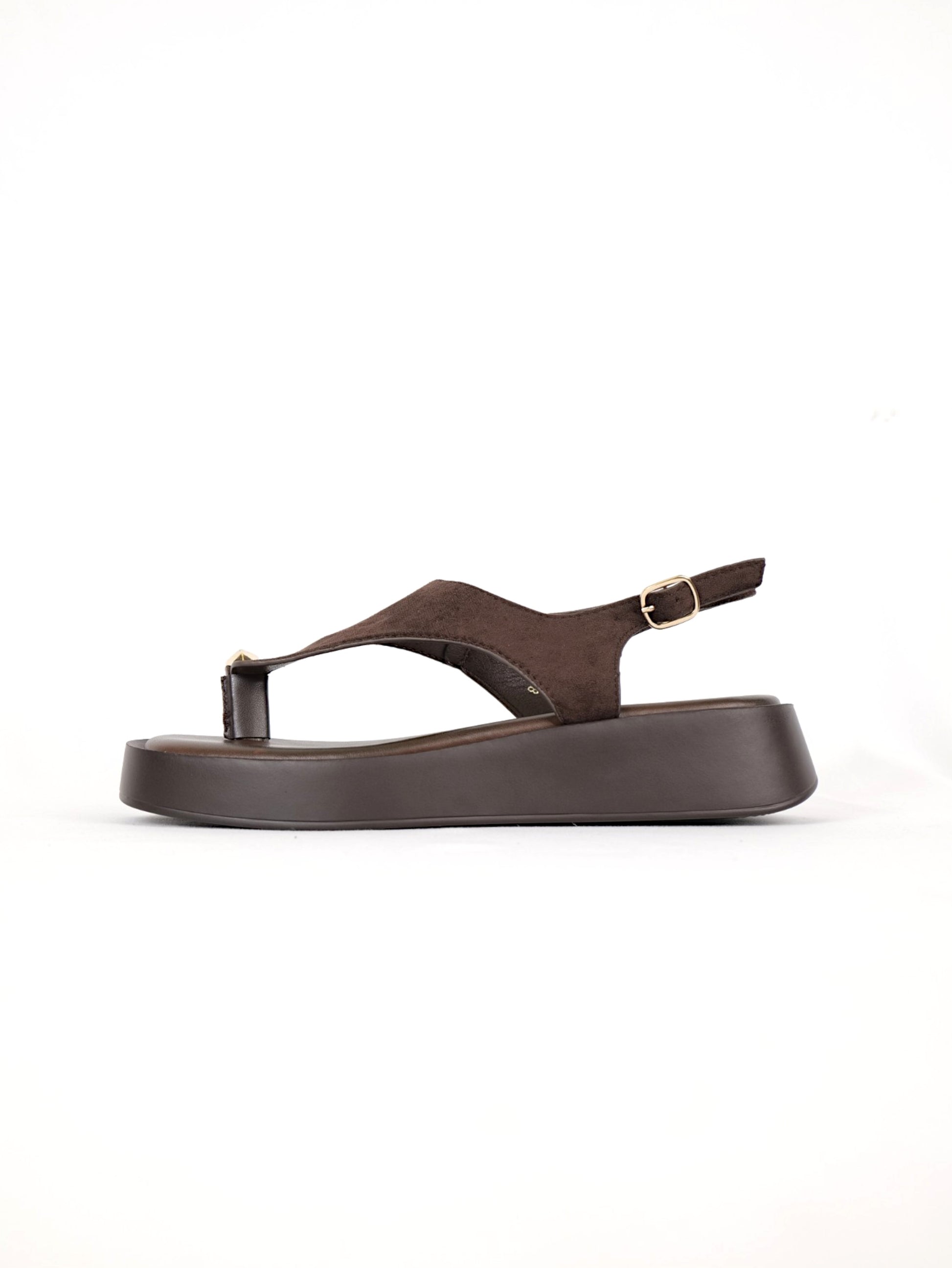 Sandalias de dedo con plataforma ligera y detalle metálico tiras de antelina, sandalias con correa trasera ajustable y diseño minimalista en color marrón y negro, sandalias cómodas de verano estilo casual