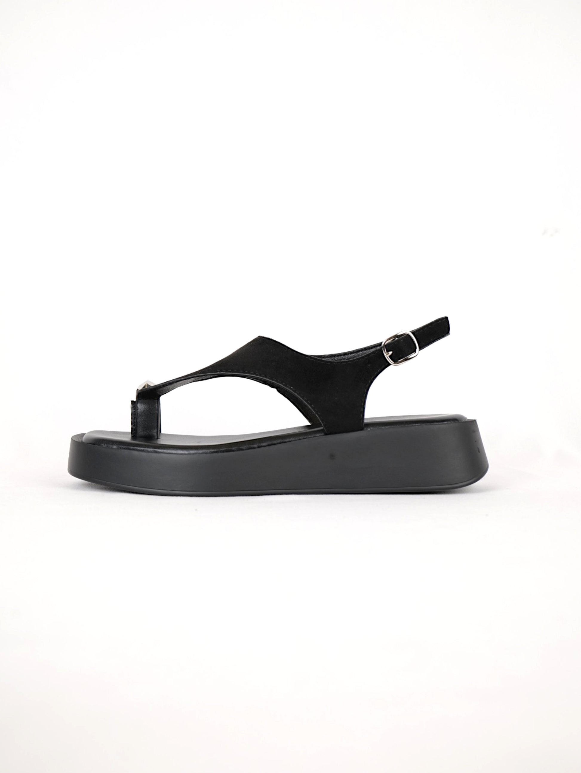 Sandalias de dedo con plataforma ligera y detalle metálico tiras de antelina, sandalias con correa trasera ajustable y diseño minimalista en color marrón y negro, sandalias cómodas de verano estilo casual